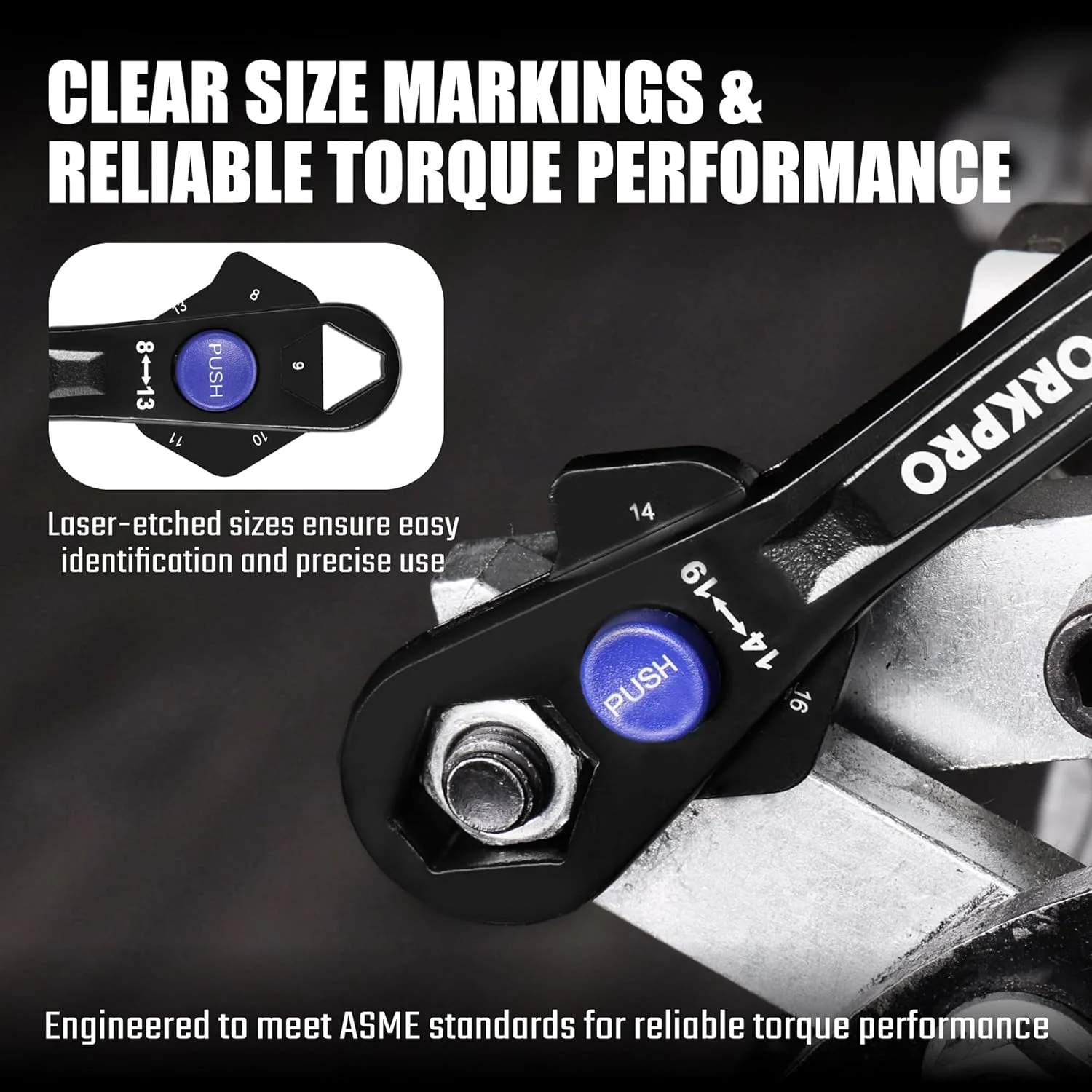 WORKPRO 12-in-1 Universal Wrench, Metric 8-19mm Adjustable Wrench with Heat-Treated Cr-Mo Steel, ASME Standard, Multi-Position Head, Multi-Size Compact Spanner for Mechanics, Cars, and Motorcycles - Image 5
