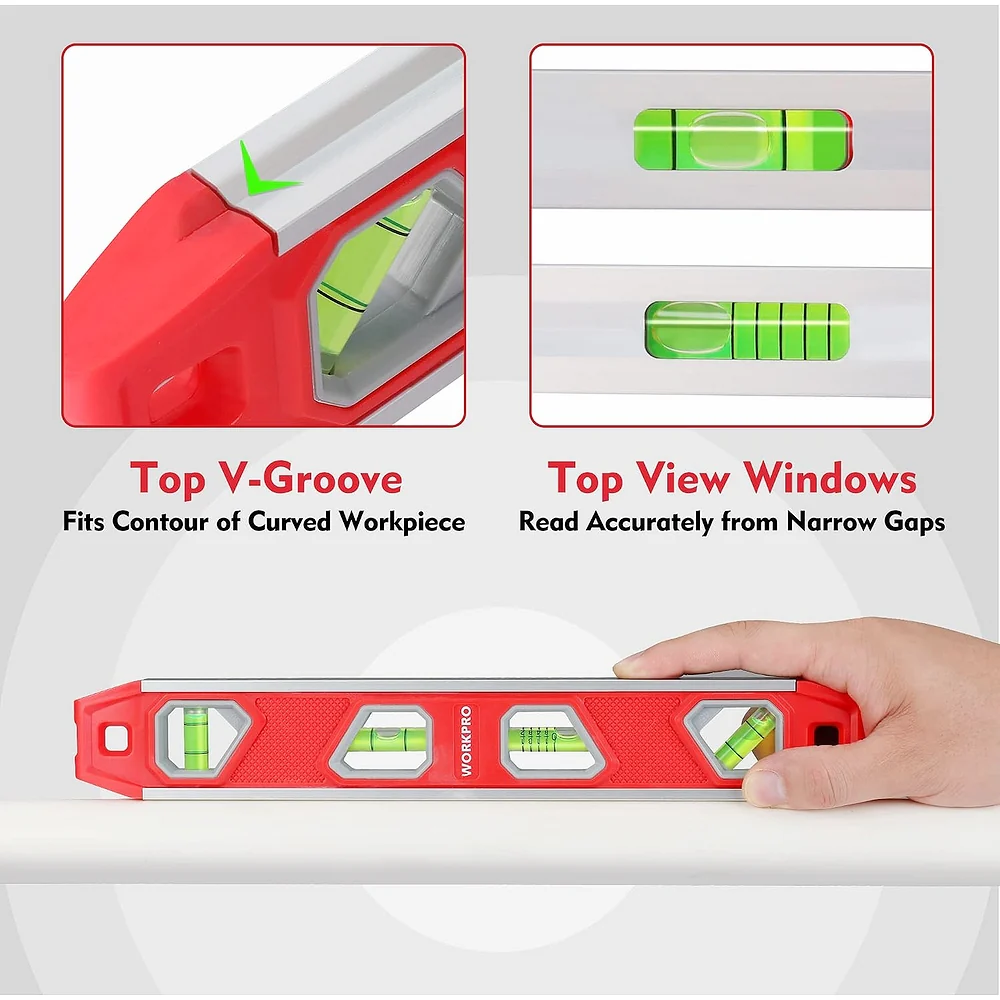 WORKPRO 12 Inch Torpedo Level, Magnetic Small Leveler Tool, Plumbing Level with Pitch Vial, Aluminum Reinforced, 4 Bubbles, V-Groove for Conduit Bending - Image 4