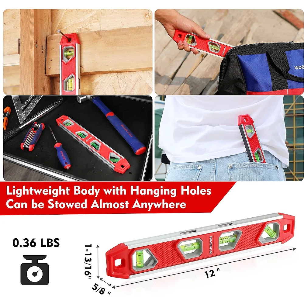 WORKPRO 12 Inch Torpedo Level, Magnetic Small Leveler Tool, Plumbing Level with Pitch Vial, Aluminum Reinforced, 4 Bubbles, V-Groove for Conduit Bending - Image 5