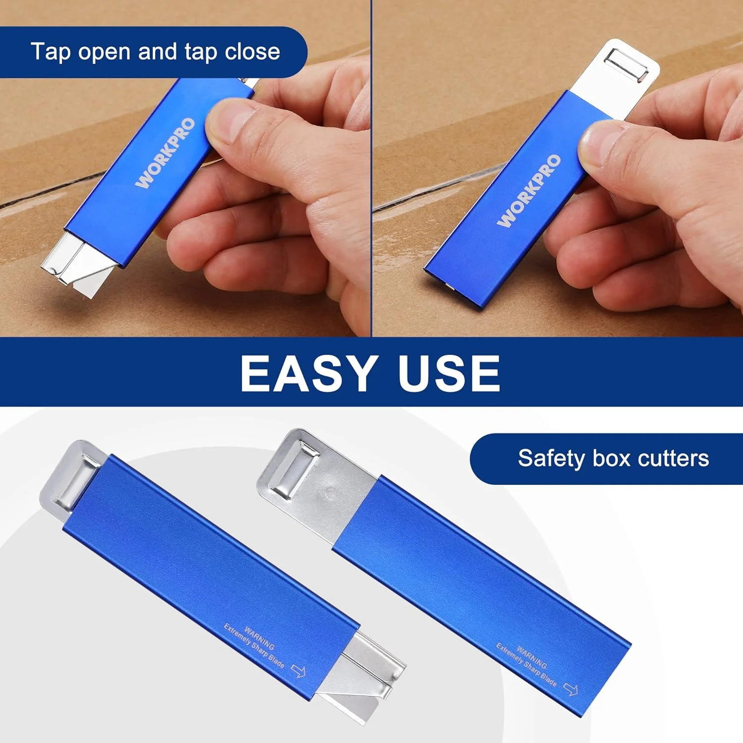 WORKPRO 12-Pack Box Cutter Retractable - Utility Knife with Single Edge Razor Blade - Razor Knife Box Opener Cardboard Cutter with Metal Sheathes- Extra 12-Pack Razor Blades for Replacement - Blue - Image 4