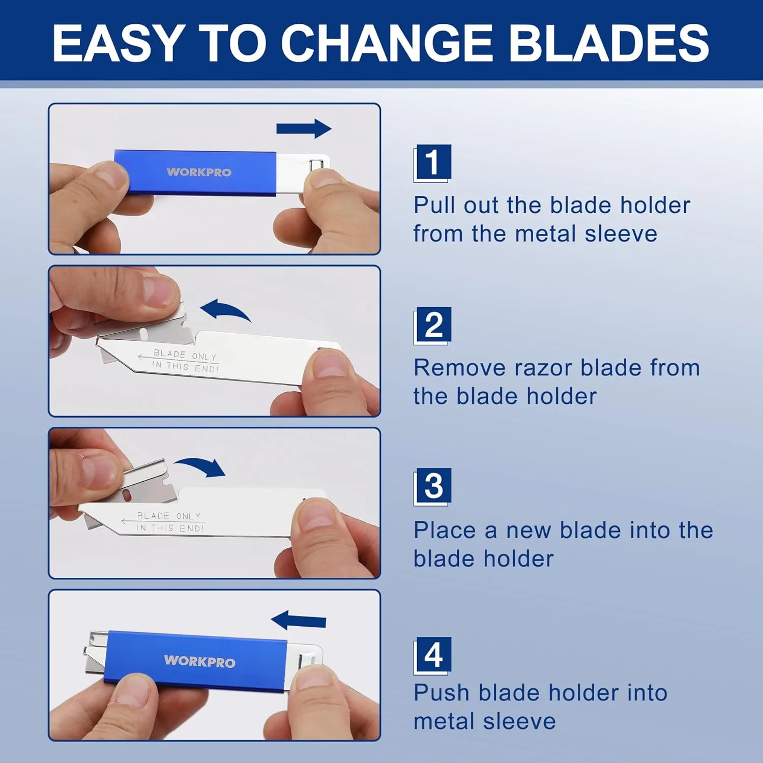 WORKPRO 12-Pack Box Cutter Retractable - Utility Knife with Single Edge Razor Blade - Razor Knife Box Opener Cardboard Cutter with Metal Sheathes- Extra 12-Pack Razor Blades for Replacement - Blue - Image 5