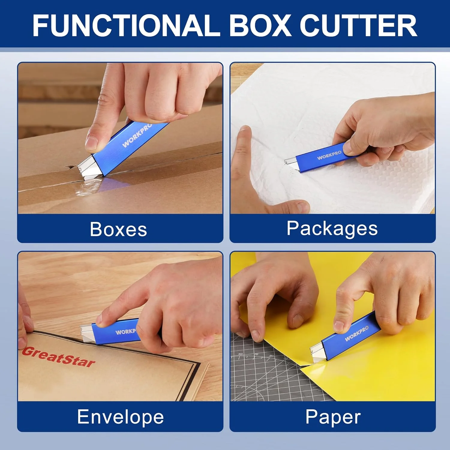 WORKPRO 12-Pack Box Cutter Retractable - Utility Knife with Single Edge Razor Blade - Razor Knife Box Opener Cardboard Cutter with Metal Sheathes- Extra 12-Pack Razor Blades for Replacement - Blue - Image 6