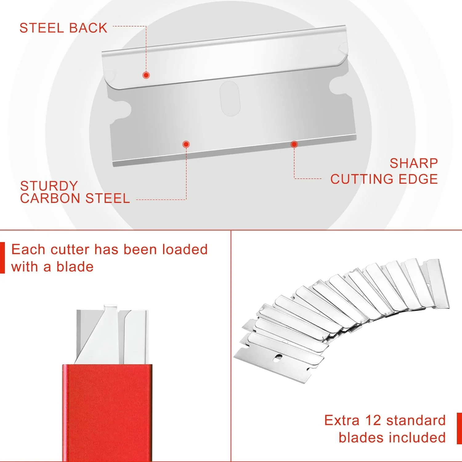 WORKPRO 12-Pack Box Cutter Retractable - Utility Knife with Single Edge Razor Blade - Razor Knife Box Opener Cardboard Cutter with Metal Sheathes- Extra 12-Pack Razor Blades for Replacement - Red - Image 3