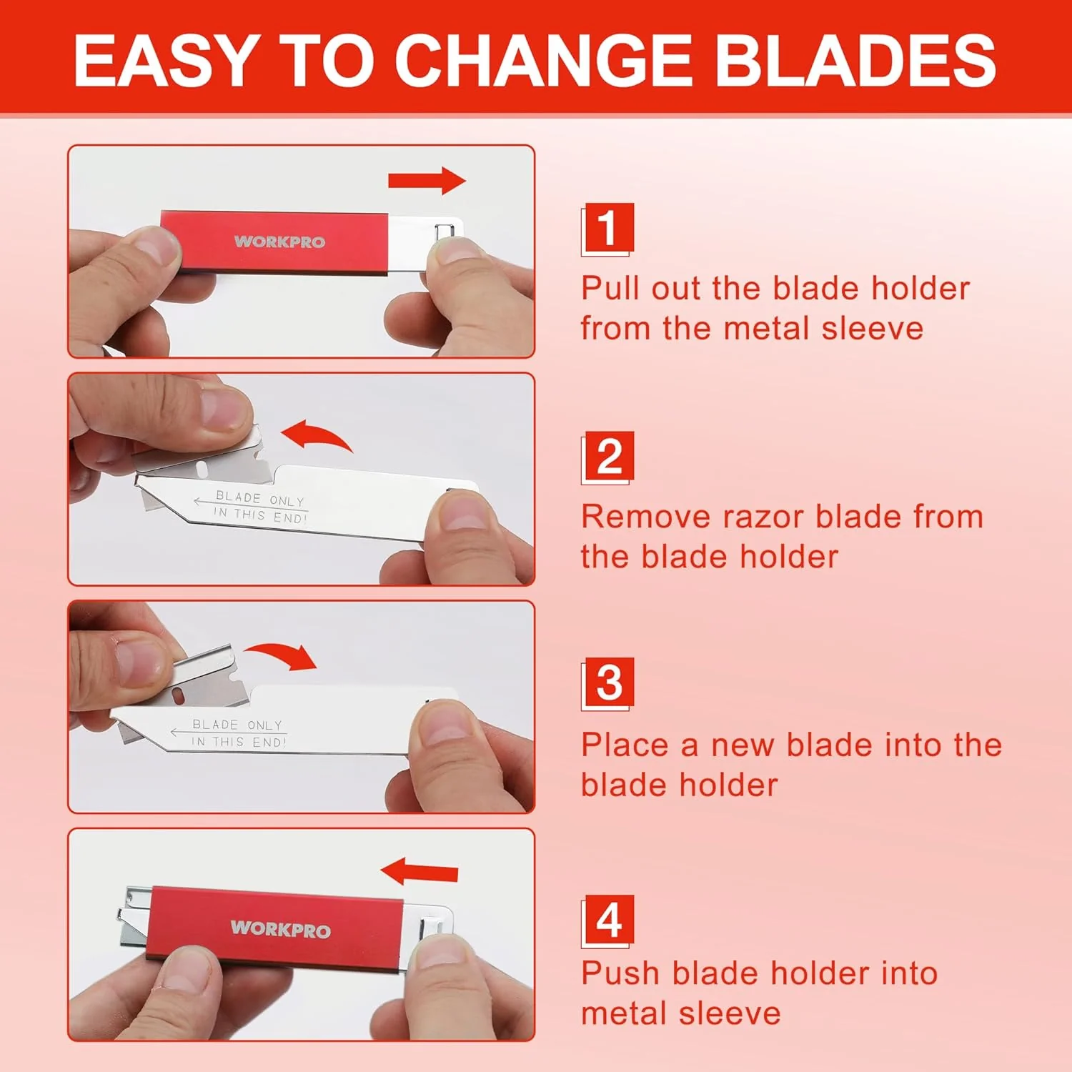 WORKPRO 12-Pack Box Cutter Retractable - Utility Knife with Single Edge Razor Blade - Razor Knife Box Opener Cardboard Cutter with Metal Sheathes- Extra 12-Pack Razor Blades for Replacement - Red - Image 5