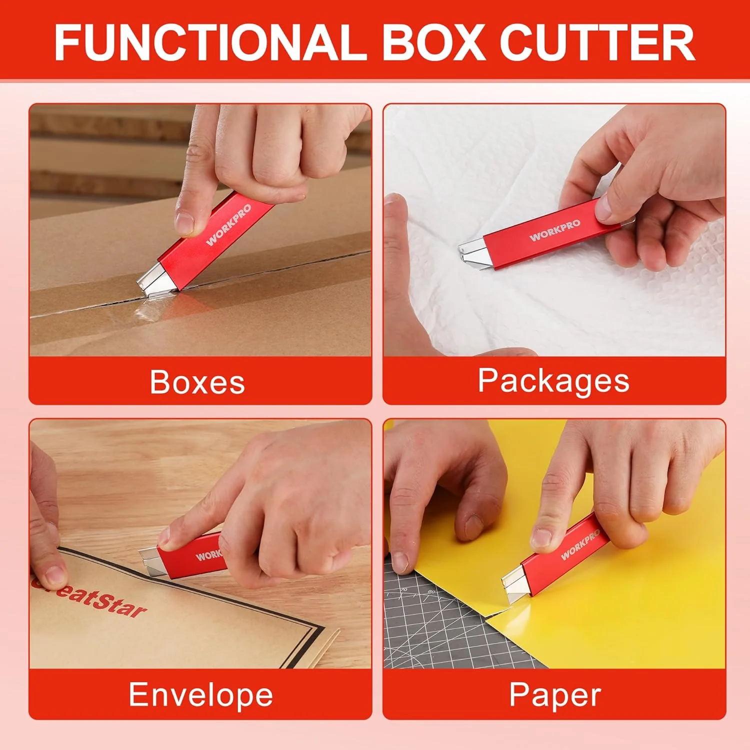 WORKPRO 12-Pack Box Cutter Retractable - Utility Knife with Single Edge Razor Blade - Razor Knife Box Opener Cardboard Cutter with Metal Sheathes- Extra 12-Pack Razor Blades for Replacement - Red - Image 6