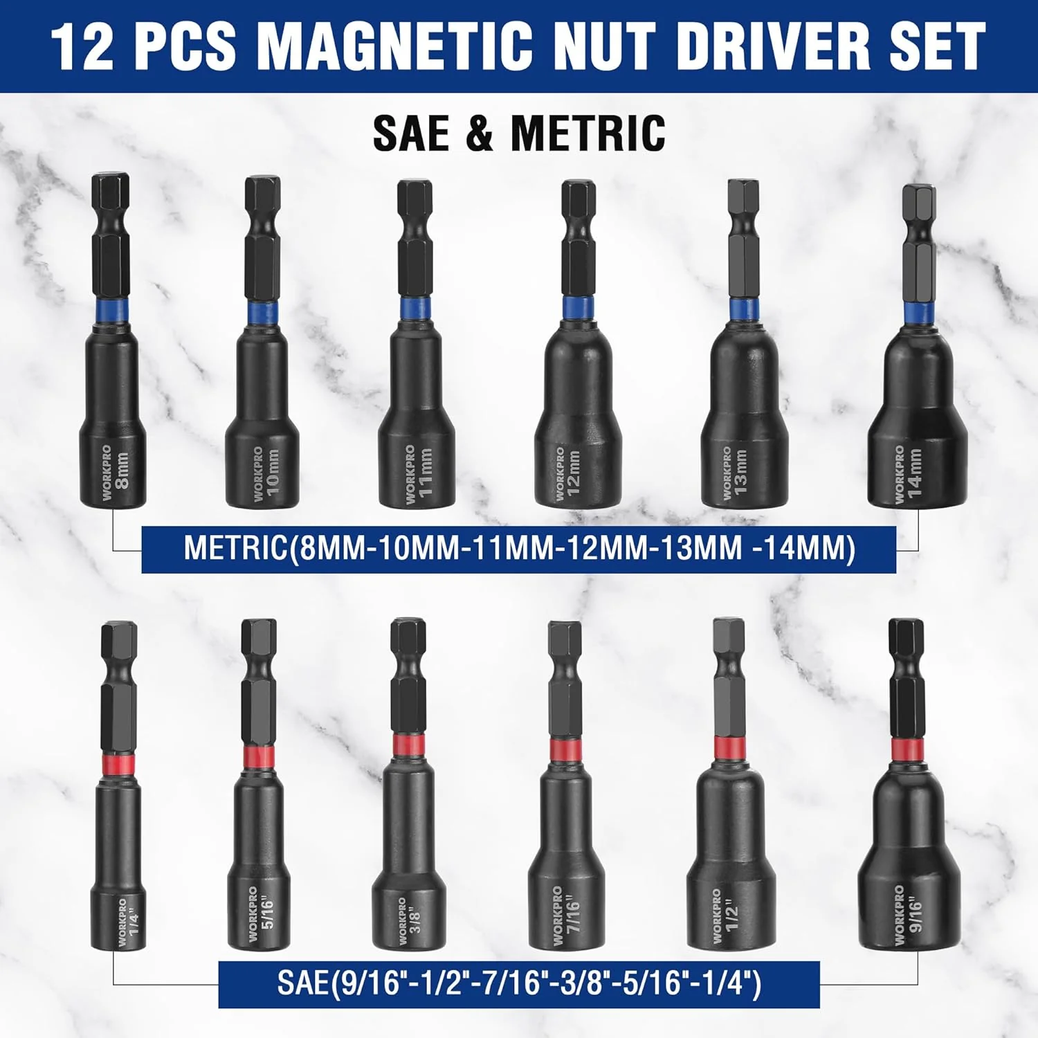 WORKPRO 12-Piece Magnetic Nut Driver Set, Premium Impact Power Hex Nut Driver Drill Bit Master Kit, SAE (1/4" to 9/16") and Metric (6-14mm), 1/4" Hex Shank and Quick-Change, Cr-V Steel - Image 2