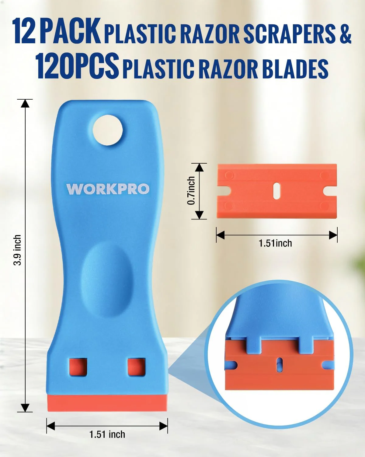 WORKPRO 12-Piece Plastic Razor Blade Scraper with 120 Pcs Plastic Razor Blades, for Gasket Remover, Labels Decal and Adhesive Remover for Windows and Glass - Image 2