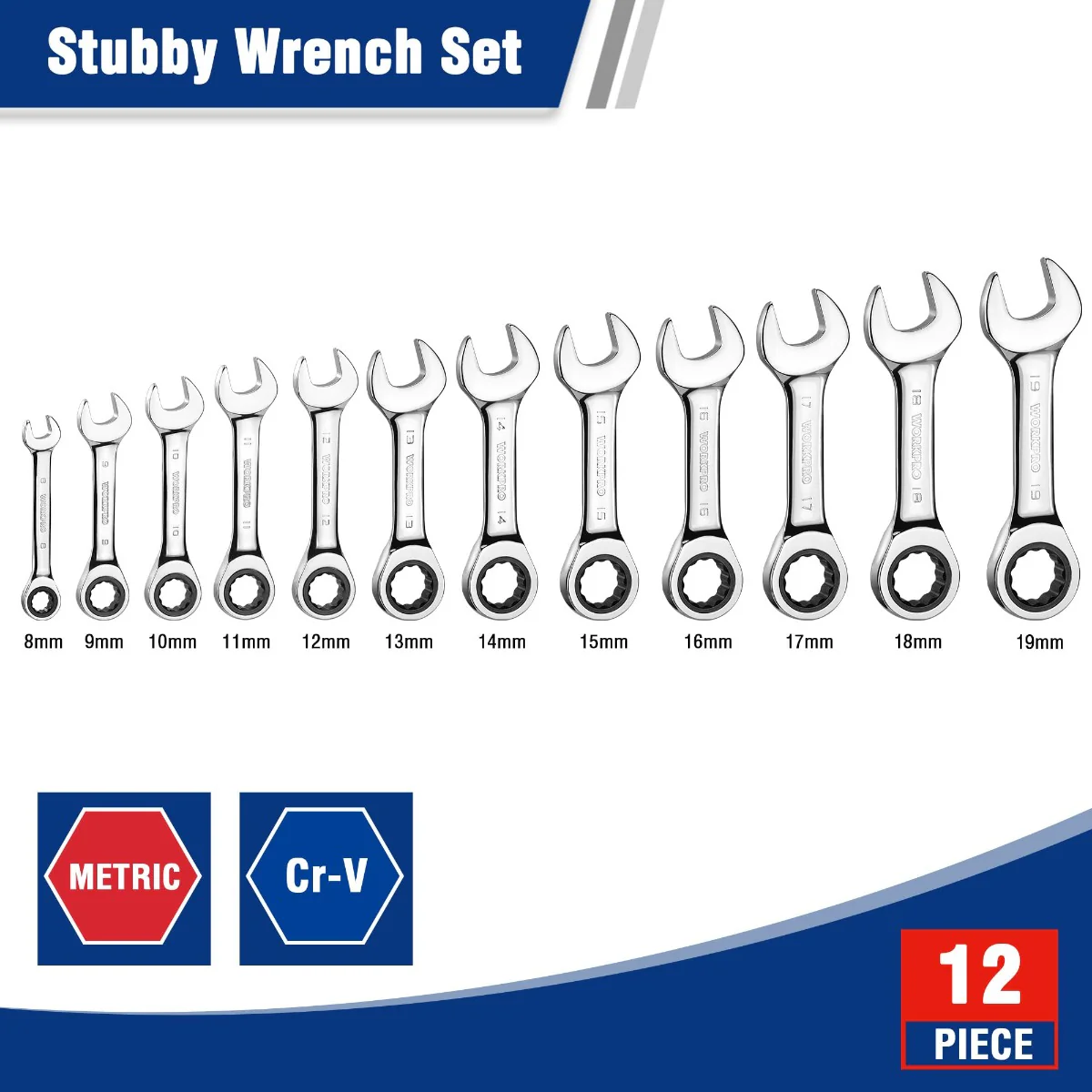 WORKPRO 12-piece Stubby Ratcheting Wrench Set, Metric 8-19mm, 72-Tooth, Cr-V Steel - Image 2