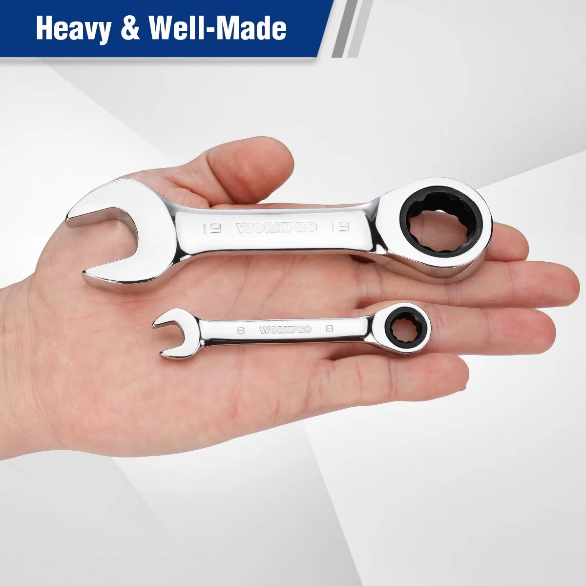 WORKPRO 12-piece Stubby Ratcheting Wrench Set, Metric 8-19mm, 72-Tooth, Cr-V Steel - Image 3