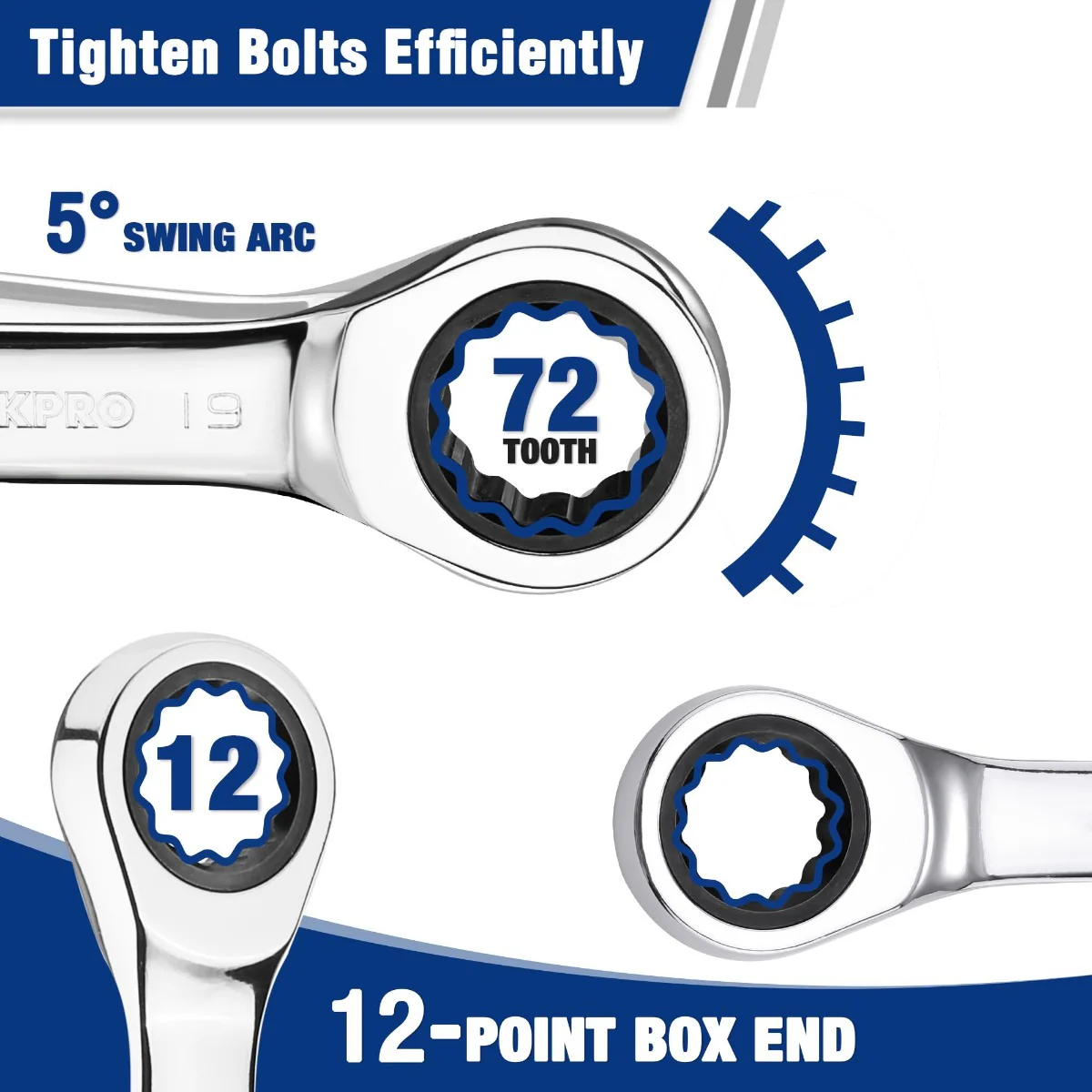 WORKPRO 12-piece Stubby Ratcheting Wrench Set, Metric 8-19mm, 72-Tooth, Cr-V Steel - Image 4