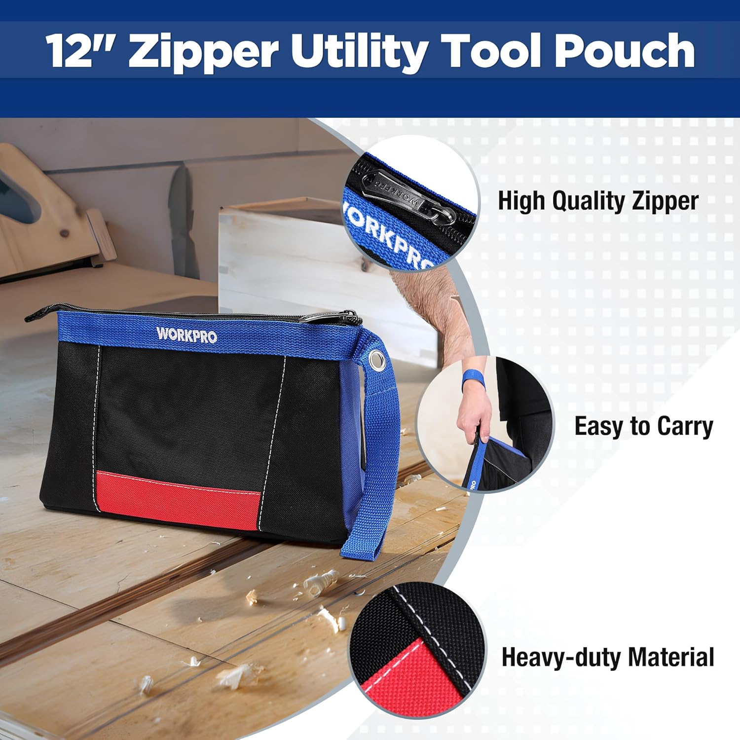 WORKPRO 12" Tool Pouches with Zipper, Utility Bag Pouch for Tool Organizers and Storage, Small Tool Bag, Multipurpose Storage pouch 2-Pack - Image 3