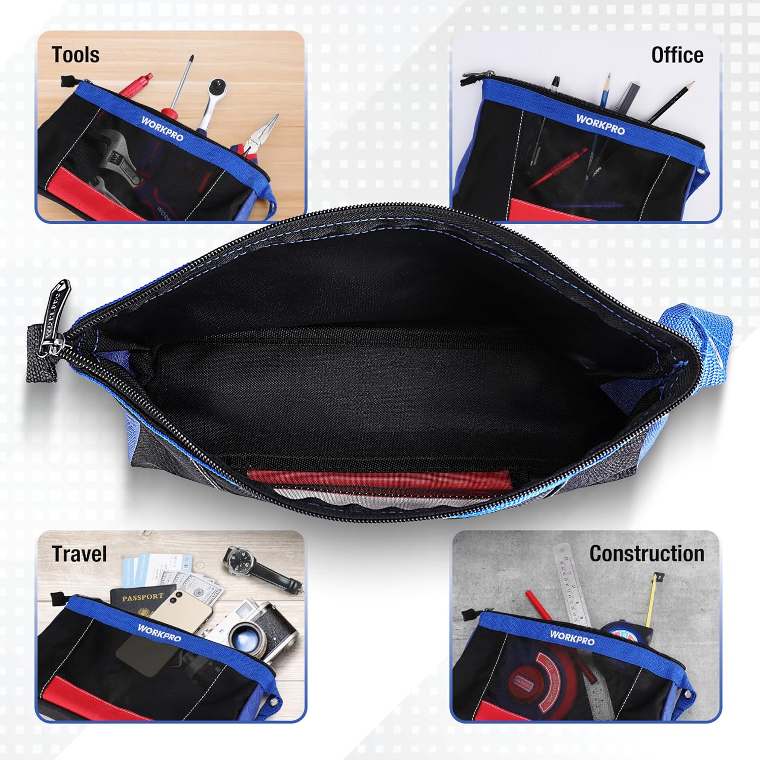 WORKPRO 12" Tool Pouches with Zipper, Utility Bag Pouch for Tool Organizers and Storage, Small Tool Bag, Multipurpose Storage pouch 2-Pack - Image 4