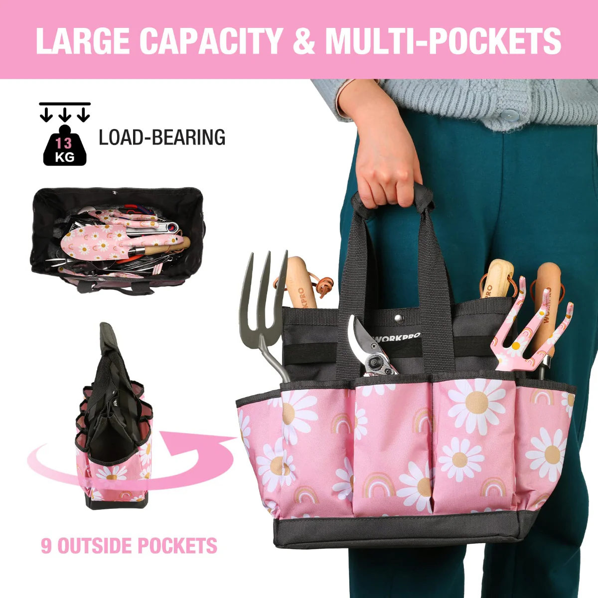 WORKPRO 12" x 12" x 6" Garden Tool Bag with 9 Pockets - Image 11
