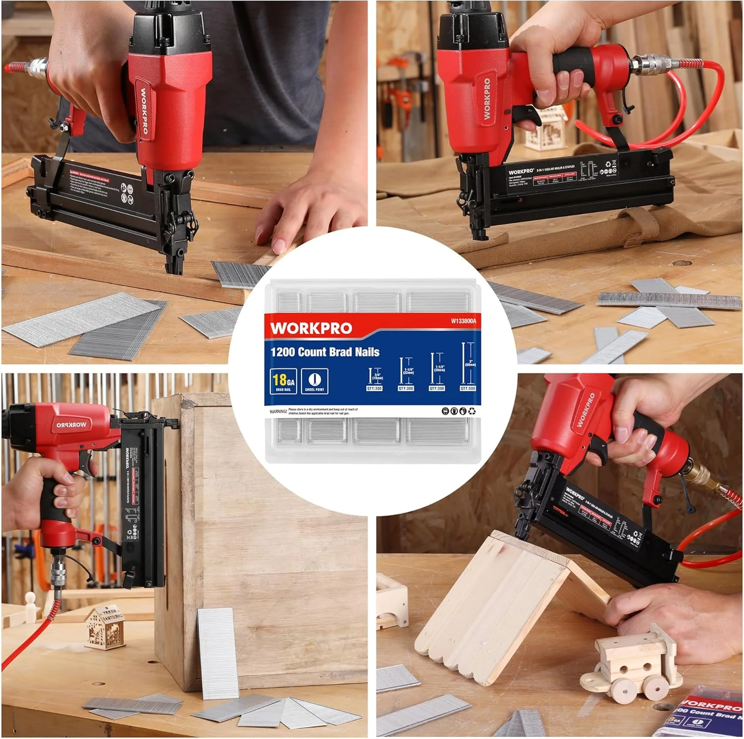 WORKPRO 1200 Count 18 Gauge Brad Nails, (2＂,1-1/2＂,1-1/4＂,3/4＂), Universal Brad Nail Gun Nails for Pneumatic & Electric Brad Nailers - Image 6