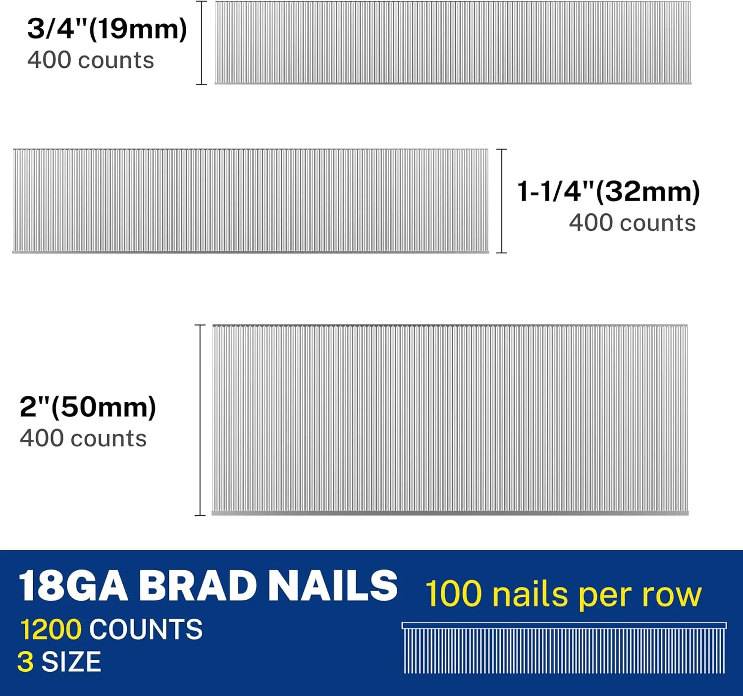 WORKPRO 1200 Count 18 Gauge Brad Nails, (3/4,1-1/4＂,2＂), Universal Brad Nail Gun Nails for Pneumatic & Electric Brad Nailers - Image 2
