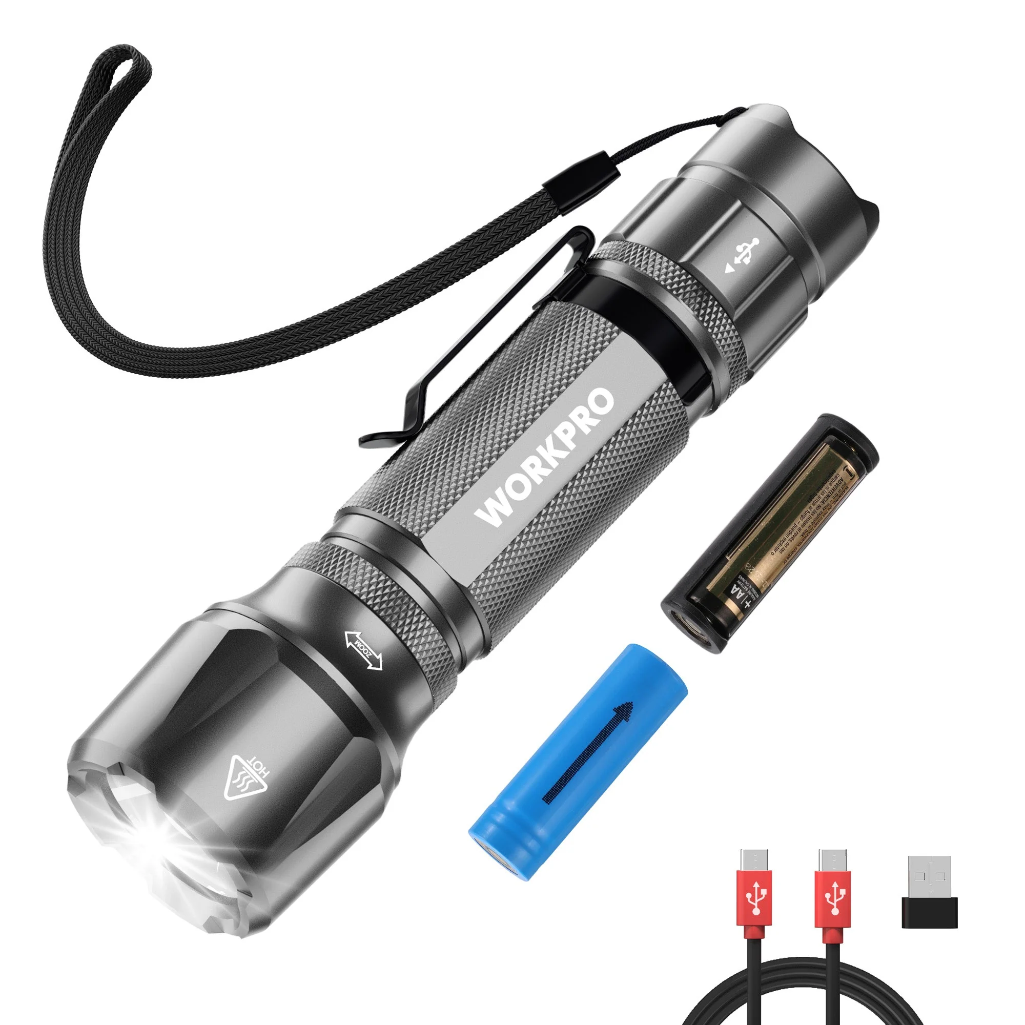 WORKPRO 1200 Lumens Rechargeable Tactical Flashlight, EDC Mini Pocket Light with Zoom Focus, 7 Modes, Battery Included, Gray - Image 11