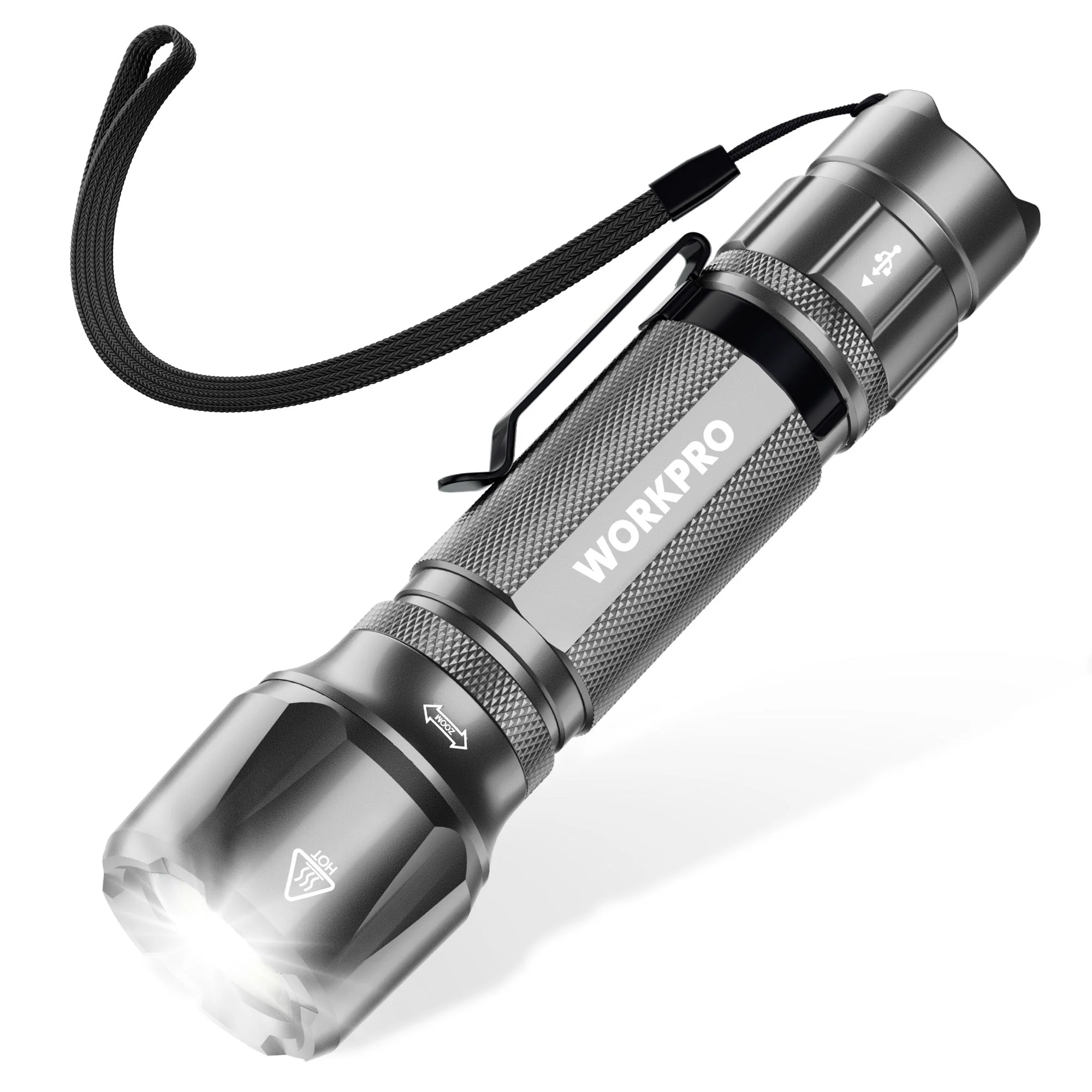 WORKPRO 1200 Lumens Rechargeable Tactical Flashlight, EDC Mini Pocket Light with Zoom Focus, 7 Modes, Battery Included, Gray - Image 2