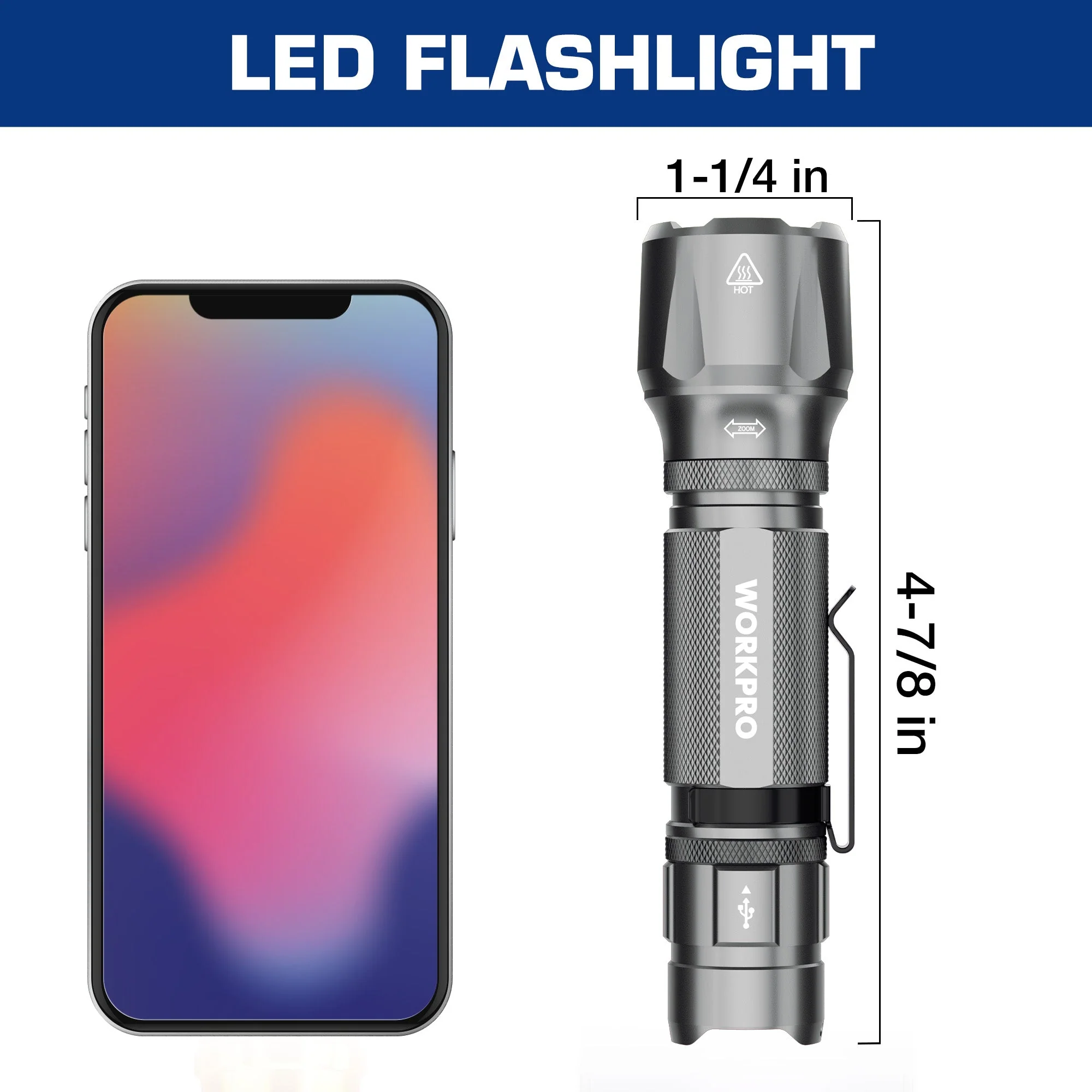 WORKPRO 1200 Lumens Rechargeable Tactical Flashlight, EDC Mini Pocket Light with Zoom Focus, 7 Modes, Battery Included, Gray - Image 3