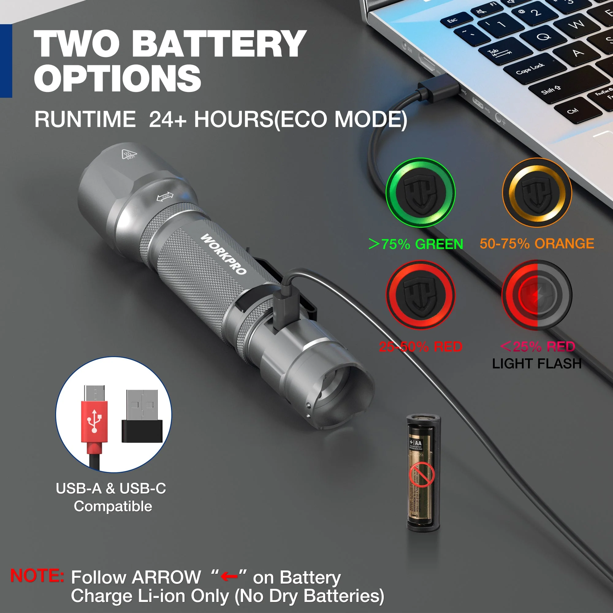 WORKPRO 1200 Lumens Rechargeable Tactical Flashlight, EDC Mini Pocket Light with Zoom Focus, 7 Modes, Battery Included, Gray - Image 5