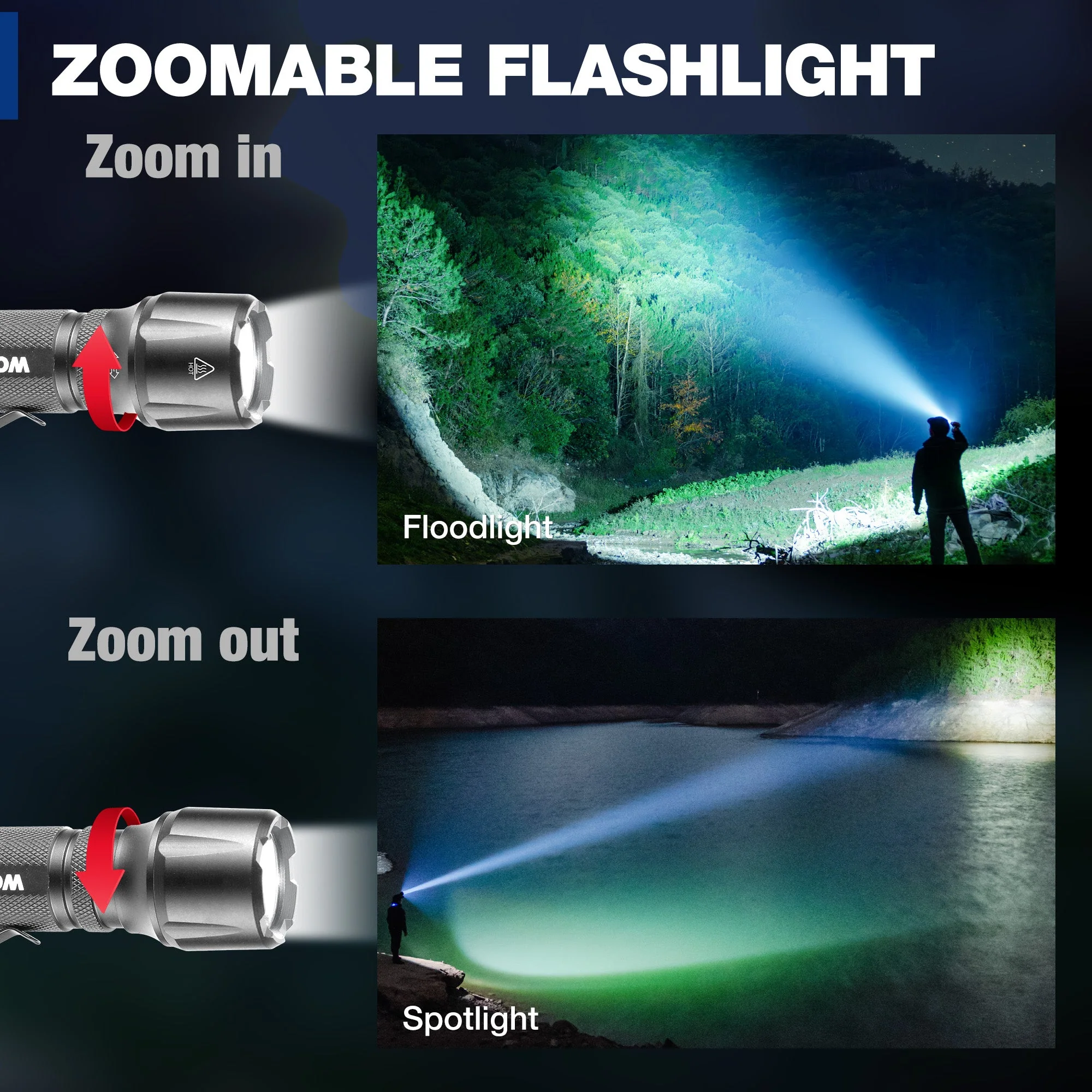 WORKPRO 1200 Lumens Rechargeable Tactical Flashlight, EDC Mini Pocket Light with Zoom Focus, 7 Modes, Battery Included, Gray - Image 6