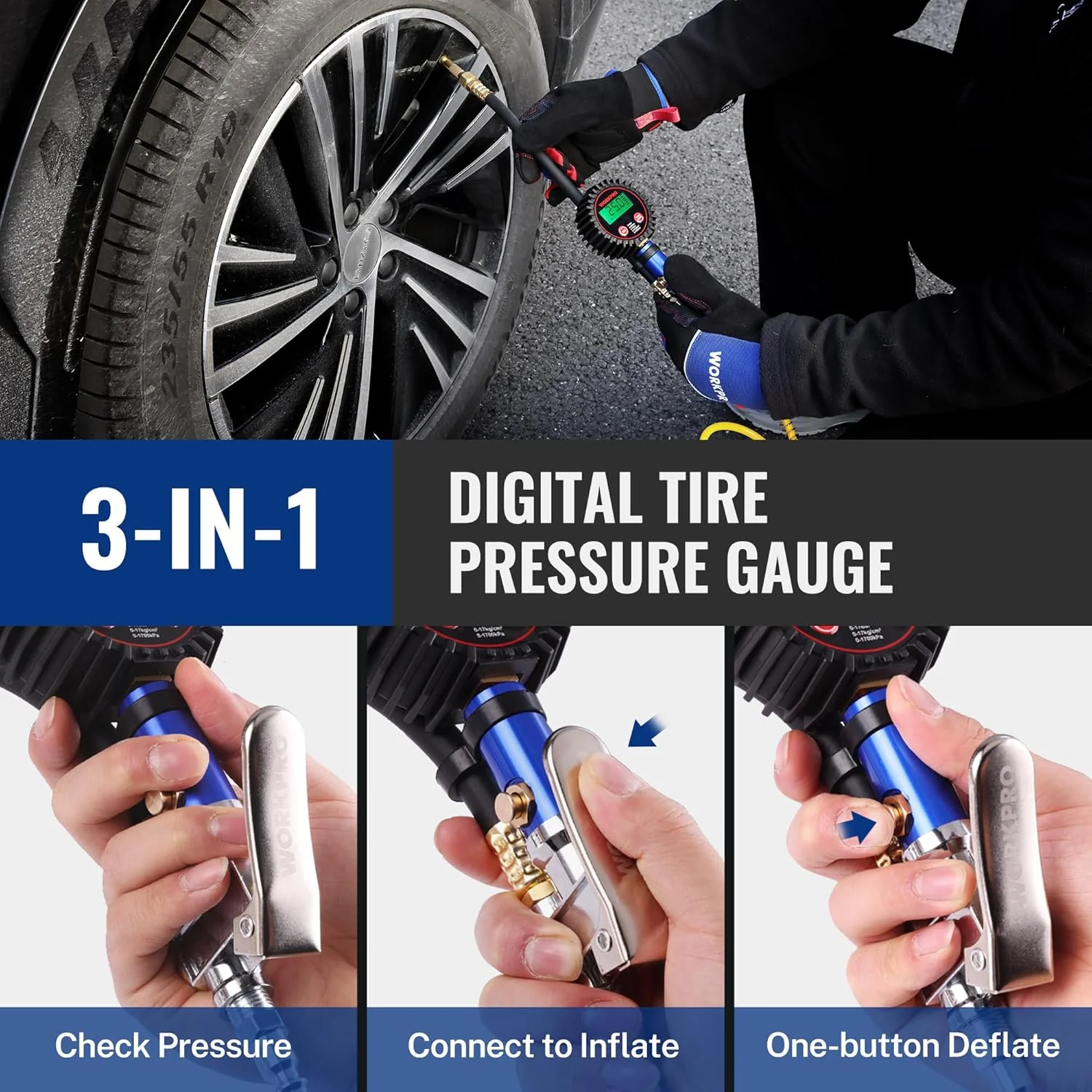 WORKPRO 12PCS Digital Tire Pressure Gauge with Inflator, 250 PSI, Heavy Duty Air Compressor Attachments with Storage Bag, Tire Gauge with Brass Air Chuck and Rubber Hose for Vehicles and Inflatables - Image 6