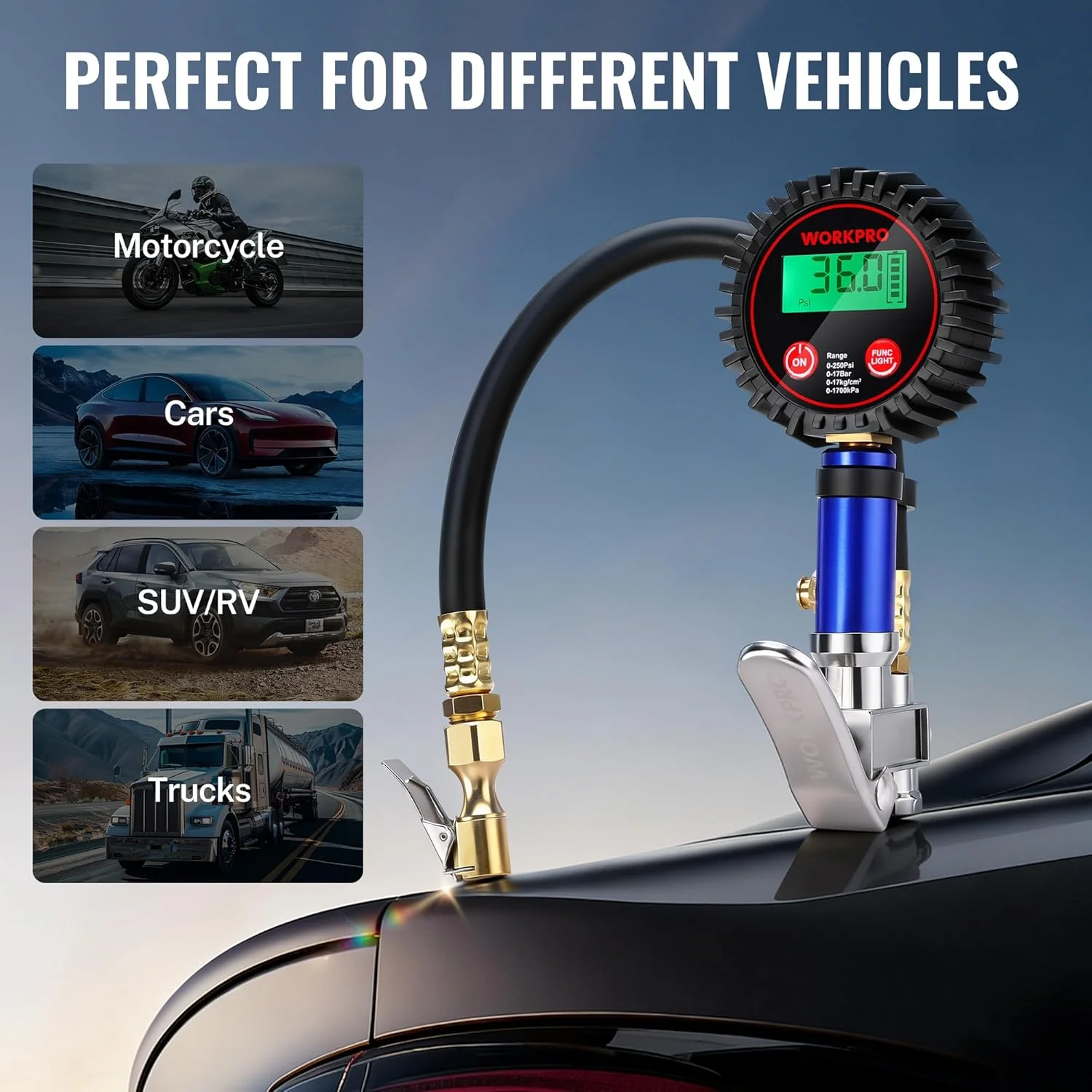 WORKPRO 12PCS Digital Tire Pressure Gauge with Inflator, 250 PSI, Heavy Duty Air Compressor Attachments with Storage Bag, Tire Gauge with Brass Air Chuck and Rubber Hose for Vehicles and Inflatables - Image 7