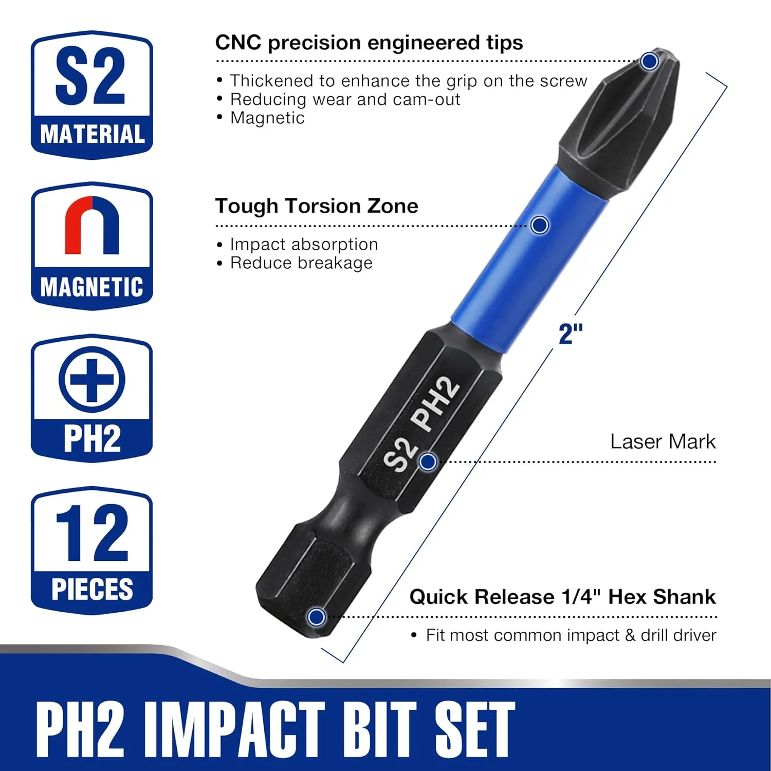 WORKPRO 12pcs PH2 Impact Phillips Screwdriver Bit Set, CNC Machined S2 Steel Tips with Magnetism, 1/4" Hex-Shank Driver Bits, 2" Long Impact Screwdriving Bits with Storage Box - Image 2