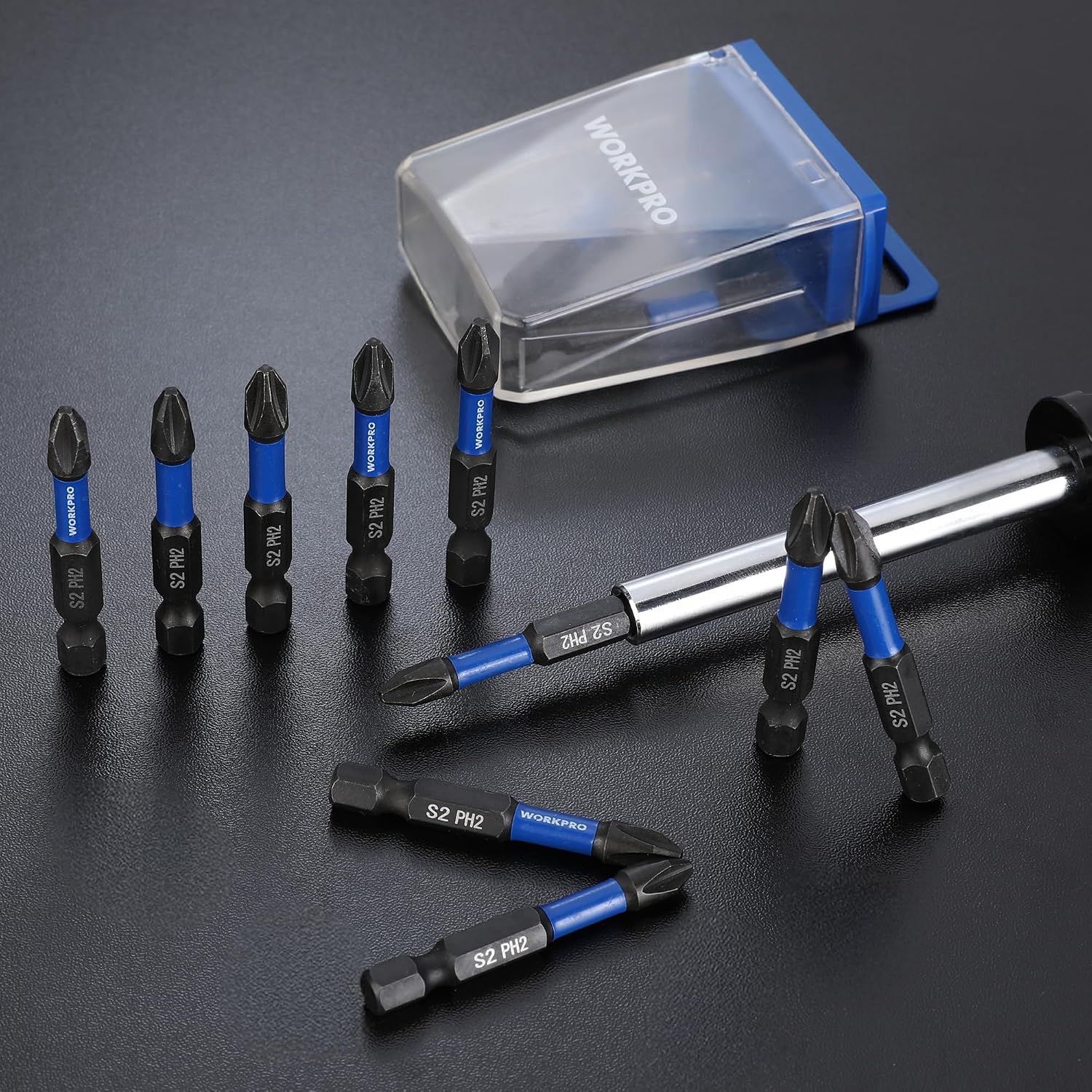 WORKPRO 12pcs PH2 Impact Phillips Screwdriver Bit Set, CNC Machined S2 Steel Tips with Magnetism, 1/4" Hex-Shank Driver Bits, 2" Long Impact Screwdriving Bits with Storage Box - Image 7