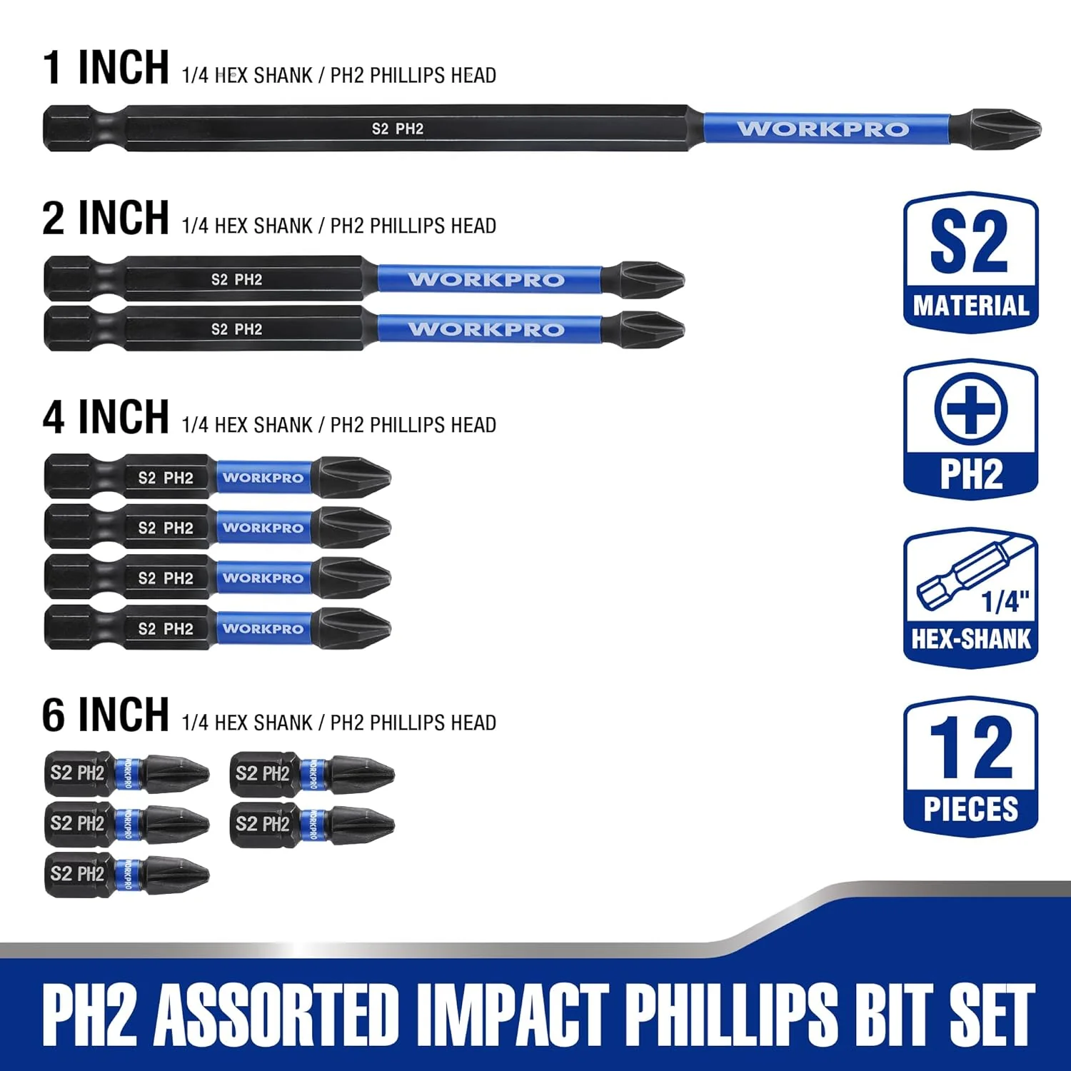 WORKPRO 12pcs PH2 Impact Phillips Screwdriver Bit Set, S2 Professional CNC Anti-Slip Magnetism Bits, 1/4" Hex-Shank #2 Phillips Impact Driver Bits, 1-6" Long Impact Screwdriving Bits with Holder - Image 2