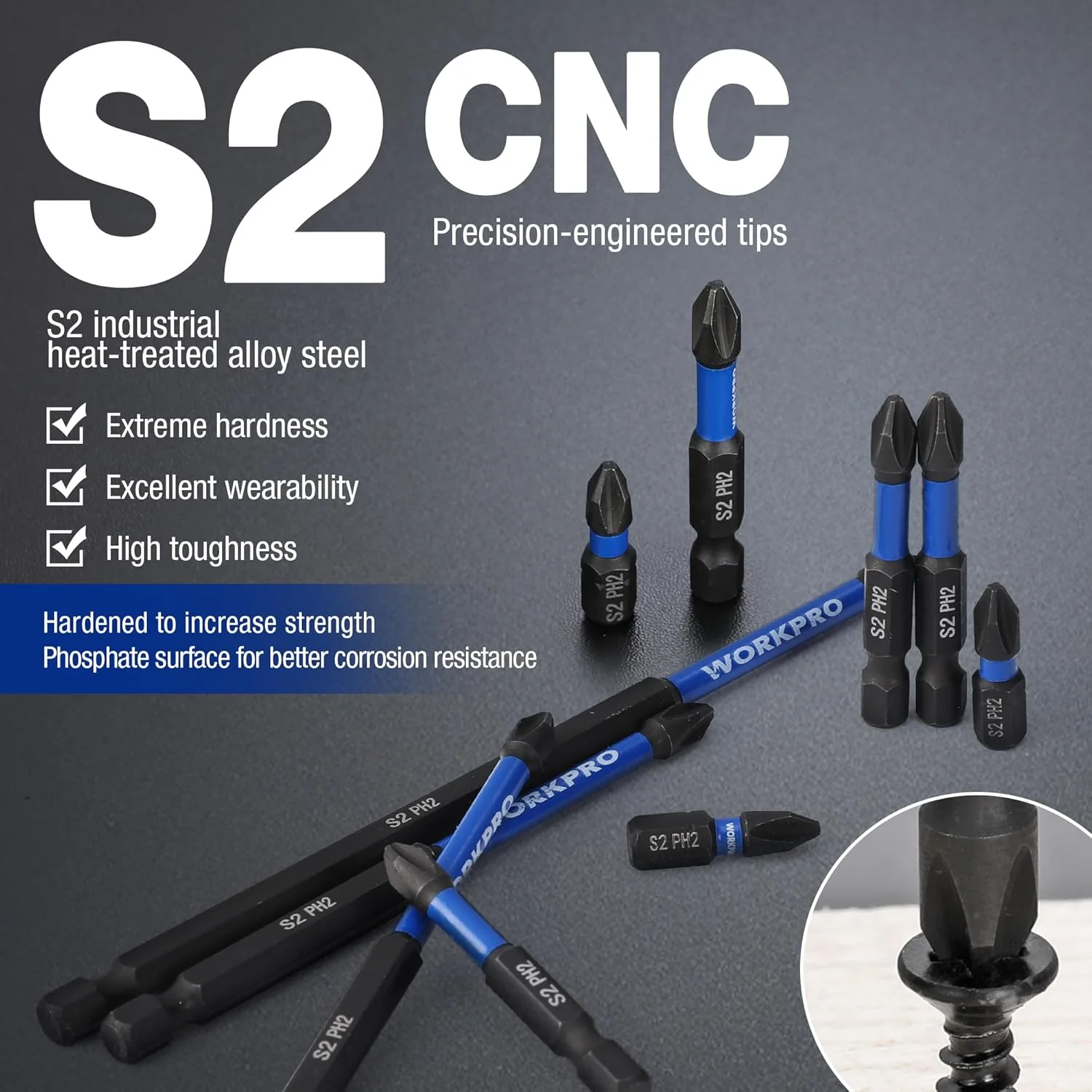 WORKPRO 12pcs PH2 Impact Phillips Screwdriver Bit Set, S2 Professional CNC Anti-Slip Magnetism Bits, 1/4" Hex-Shank #2 Phillips Impact Driver Bits, 1-6" Long Impact Screwdriving Bits with Holder - Image 4