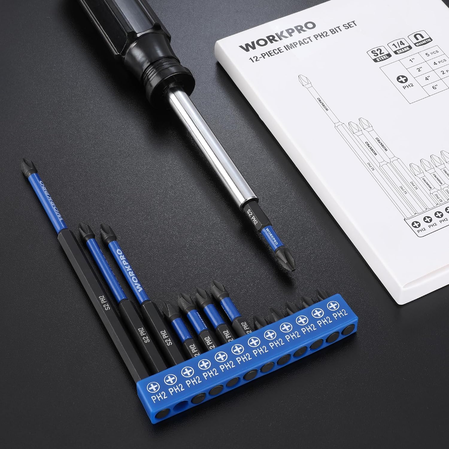 WORKPRO 12pcs PH2 Impact Phillips Screwdriver Bit Set, S2 Professional CNC Anti-Slip Magnetism Bits, 1/4" Hex-Shank #2 Phillips Impact Driver Bits, 1-6" Long Impact Screwdriving Bits with Holder - Image 8