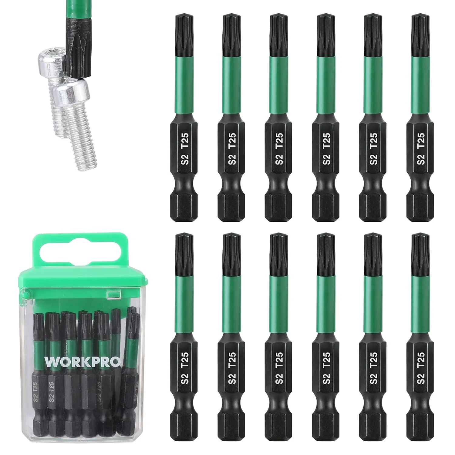 WORKPRO 12pcs T25 Torx Impact Screwdriver Bit Set, CNC Machined S2 Steel Tips with Magnetism, 1/4” Hex-Shank Star Driver Bit, 2” Long Impact Screwdriving Bits with Storage Box