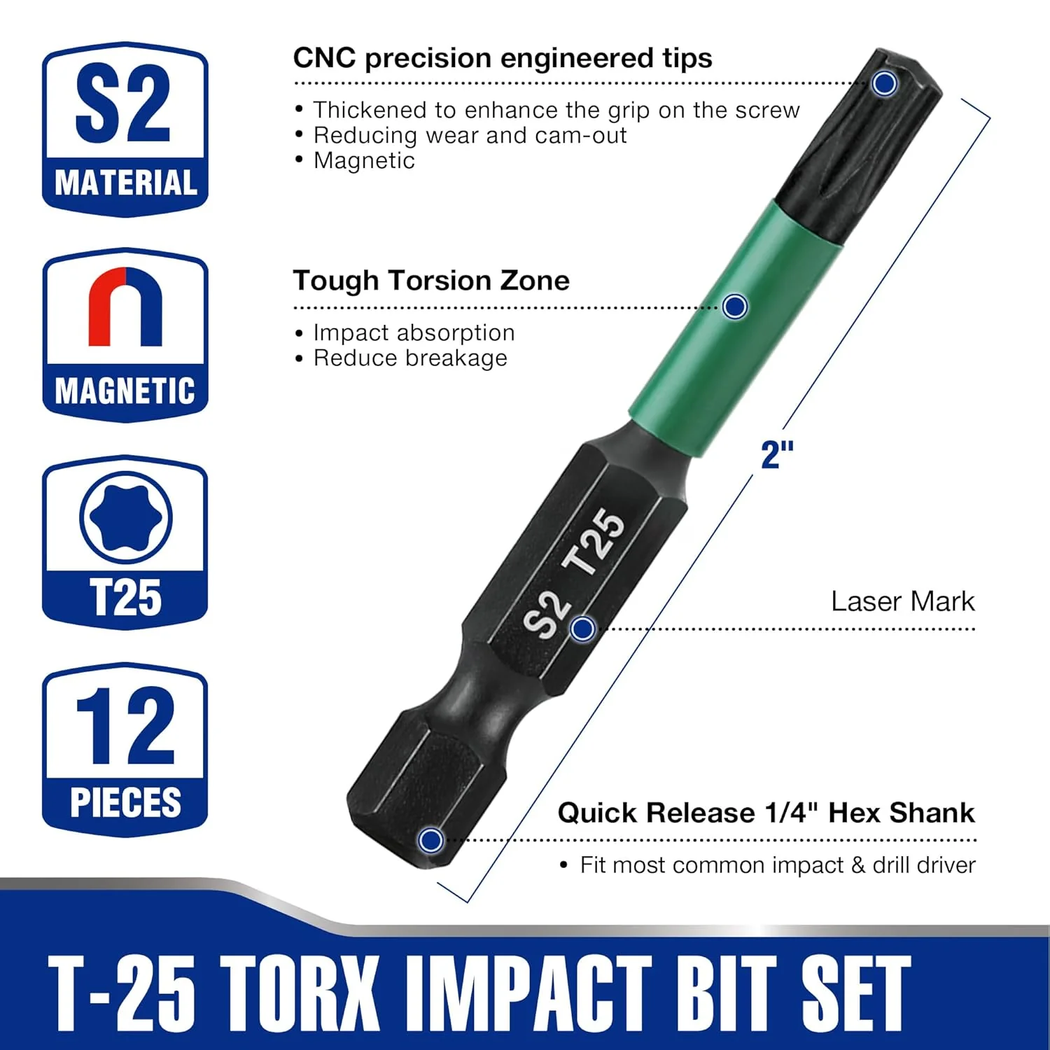WORKPRO 12pcs T25 Torx Impact Screwdriver Bit Set, CNC Machined S2 Steel Tips with Magnetism, 1/4” Hex-Shank Star Driver Bit, 2” Long Impact Screwdriving Bits with Storage Box - Image 2