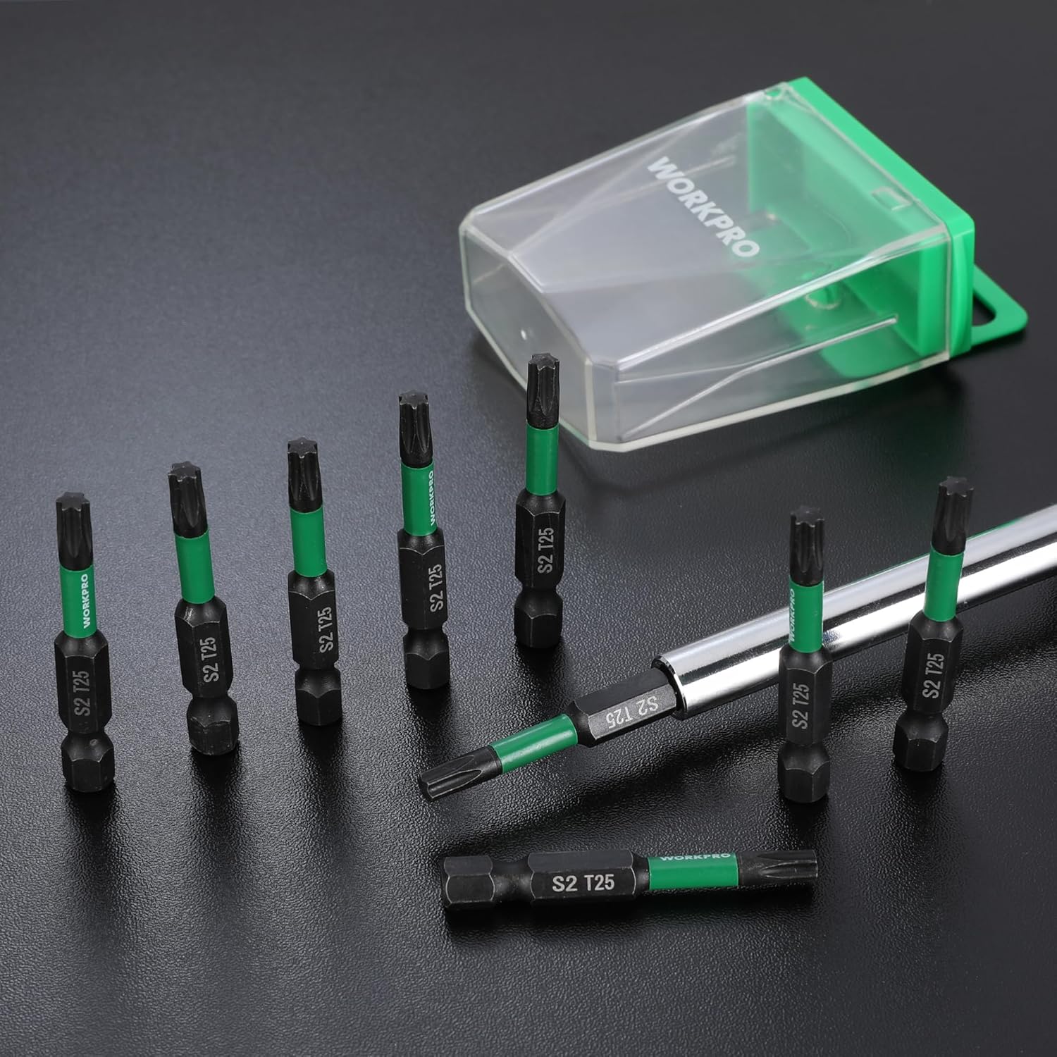 WORKPRO 12pcs T25 Torx Impact Screwdriver Bit Set, CNC Machined S2 Steel Tips with Magnetism, 1/4” Hex-Shank Star Driver Bit, 2” Long Impact Screwdriving Bits with Storage Box - Image 7