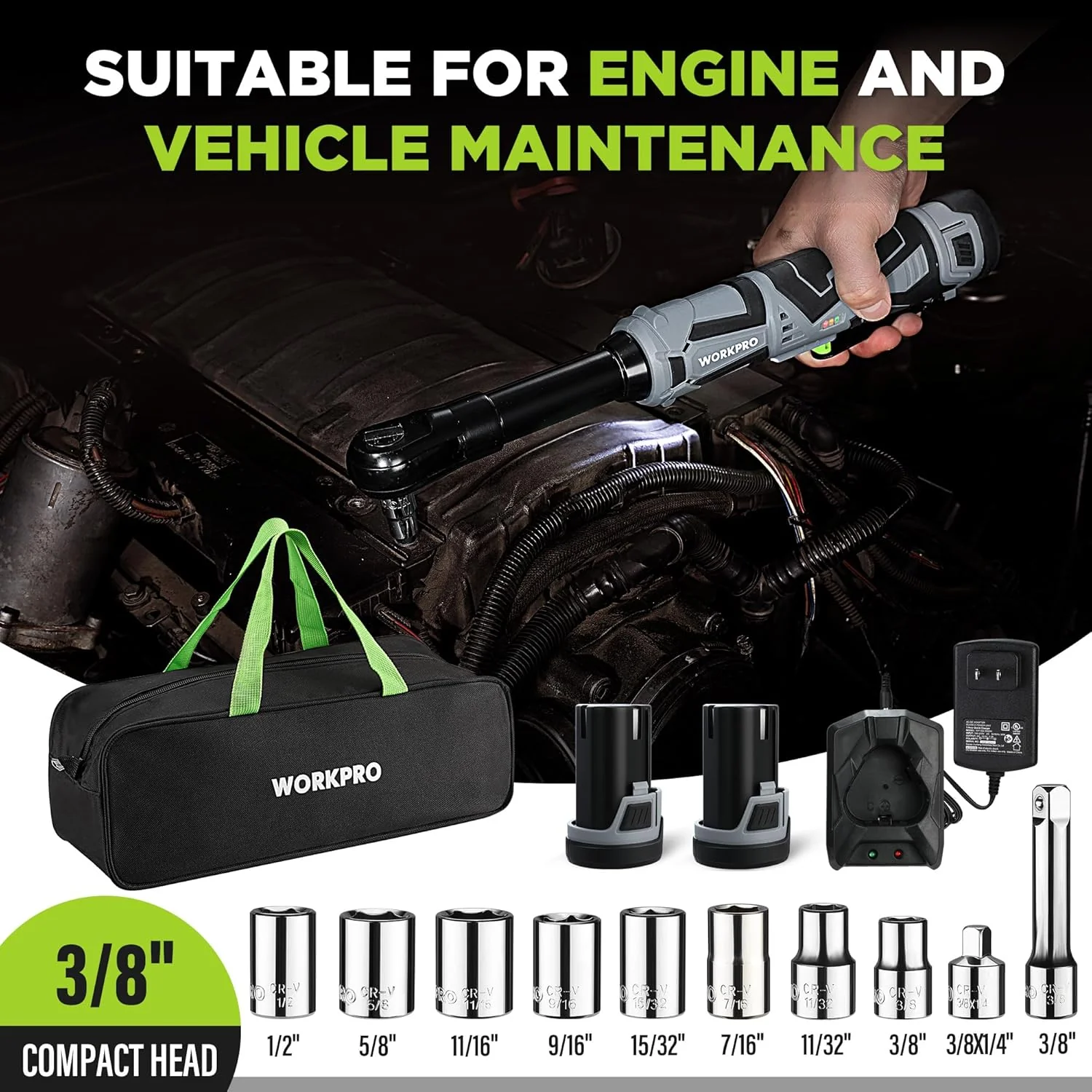 WORKPRO 12V 40 Ft-lbs Power Ratchet Wrench Kit with 10-Piece Socket Accessory Set, 1-Hour Fast Charger, 2.0Ah Lithium-Ion Batteries | 40 Ft-lbs, 10-Piece Socket Accessory Set, 1-Hour Fast Charger, 2.0Ah Lithium-Ion Batteries - Image 3
