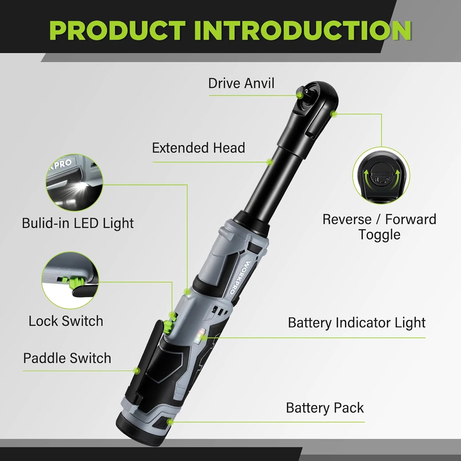 WORKPRO 12V 40 Ft-lbs Power Ratchet Wrench Kit with 10-Piece Socket Accessory Set, 1-Hour Fast Charger, 2.0Ah Lithium-Ion Batteries | 40 Ft-lbs, 10-Piece Socket Accessory Set, 1-Hour Fast Charger, 2.0Ah Lithium-Ion Batteries - Image 7