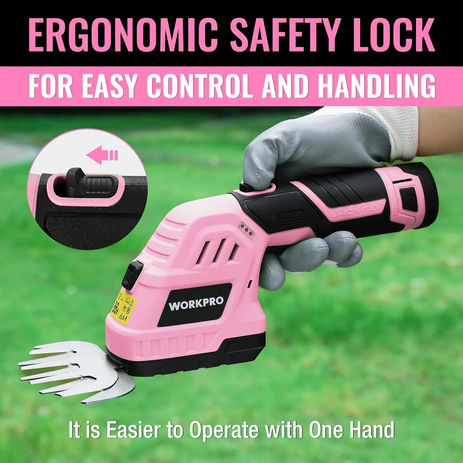 WORKPRO 12V Cordless 2 in 1 Handheld Cordless Grass Shear & Shrubbery Trimmer with 2.0Ah Rechargeable Lithium-Ion Battery &1 Hour Fast Charger-Pink Ribbon - Image 5