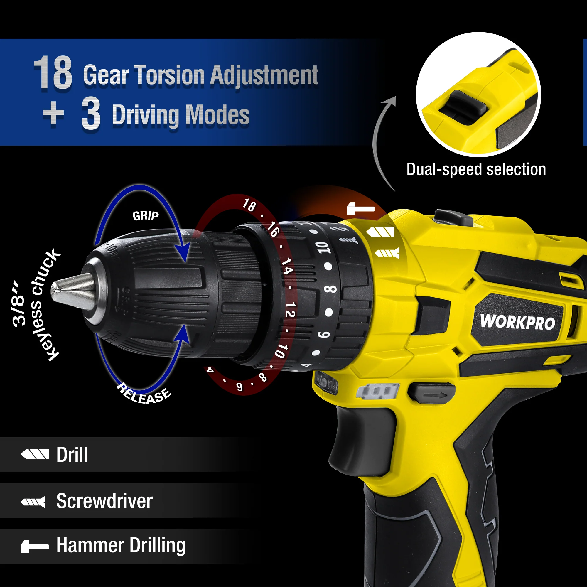 WORKPRO 12V Cordless Drill, Power Tool Set for Home, 177 Pieces Combo Kit with 14-inch Storage Bag and 2000mAh Lithium-Ion Battery & Charger (Yellow) - Image 2