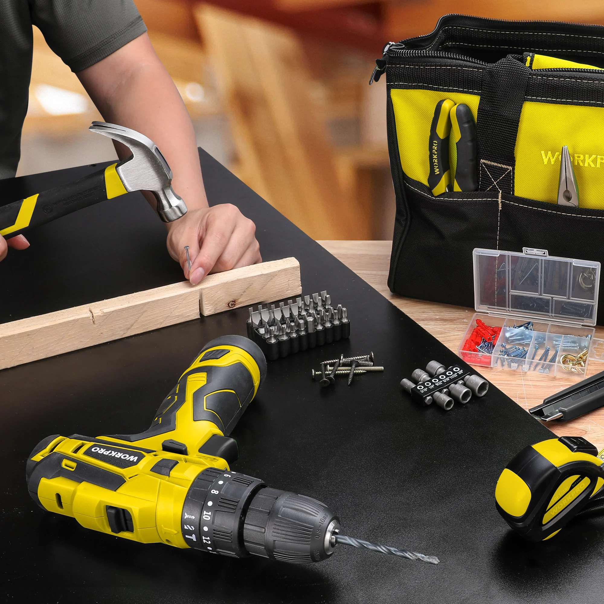 WORKPRO 12V Cordless Drill, Power Tool Set for Home, 177 Pieces Combo Kit with 14-inch Storage Bag and 2000mAh Lithium-Ion Battery & Charger (Yellow) - Image 5