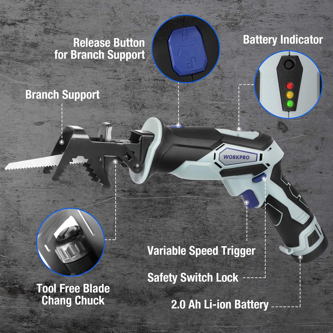 WORKPRO 12V Cordless Reciprocating Saw with Clamping Jaw - Image 5