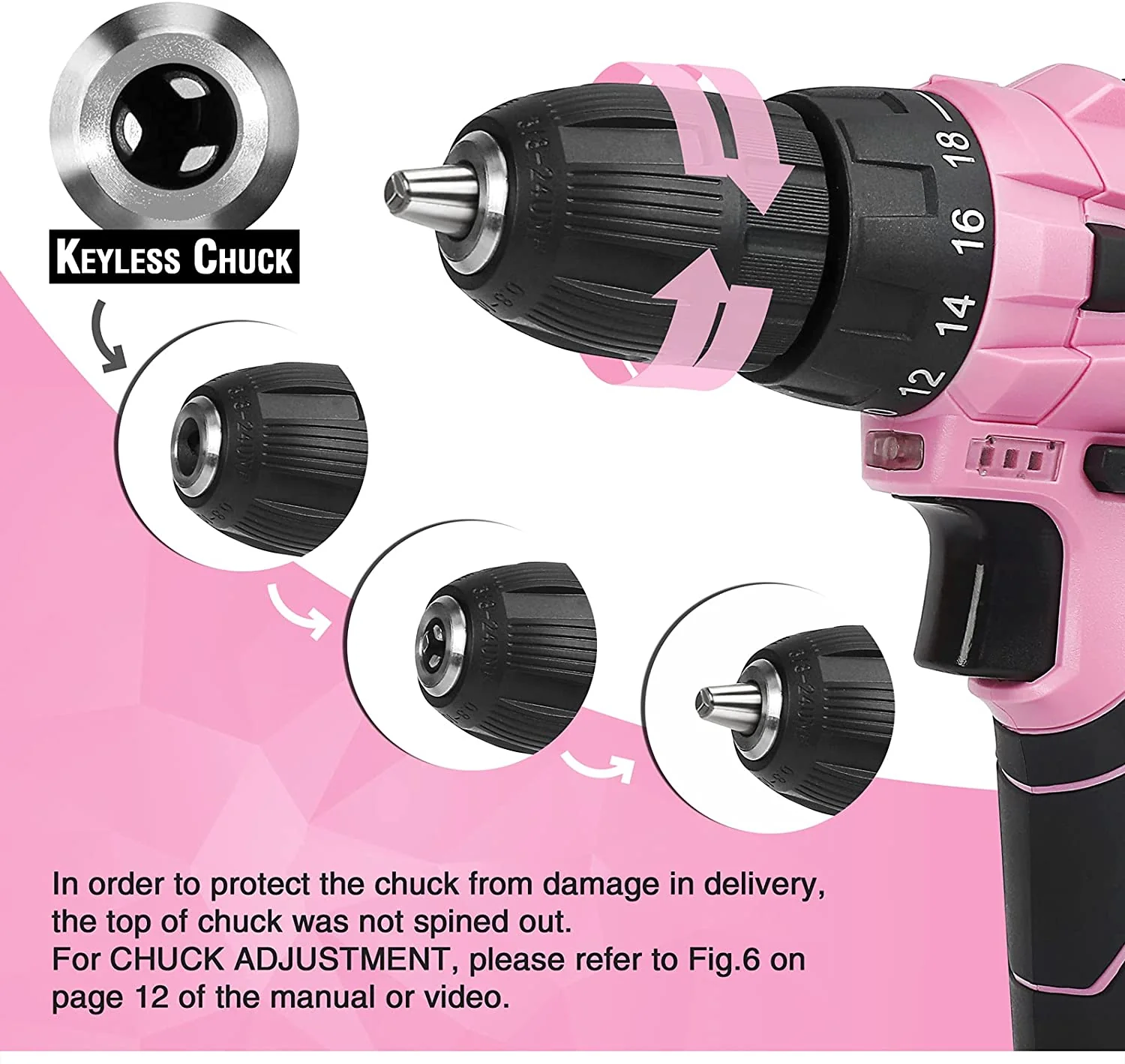 WORKPRO 12V Cordless Drill and Home Tool Kit with 14-inch Storage Bag - Pink Ribbon - Image 3