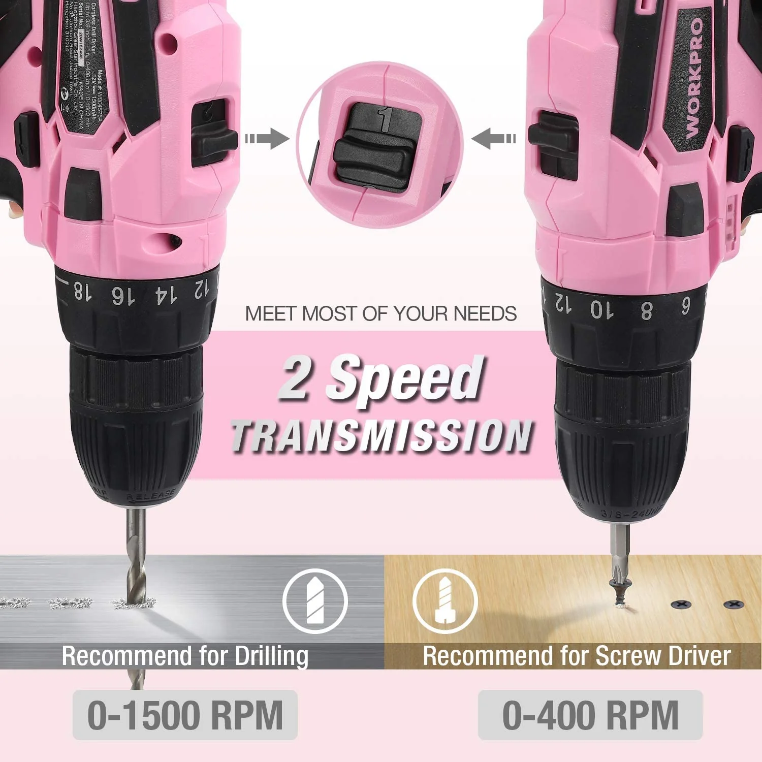 WORKPRO 12V Cordless Drill and Home Tool Kit with 14-inch Storage Bag - Pink Ribbon - Image 4