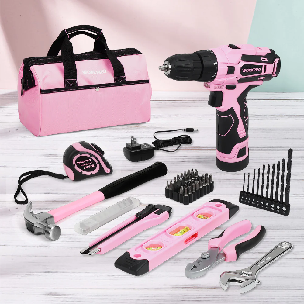 WORKPRO 12V Cordless Drill and Home Tool Kit with 14-inch Storage Bag - Pink Ribbon - Image 7