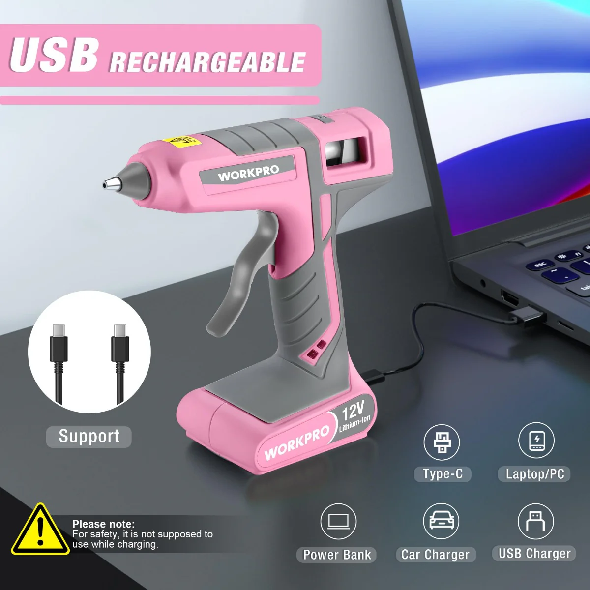 WORKPRO 12V Rechargeable Full Size Cordless Hot Melt Glue Gun-Pink Ribbon - Image 6