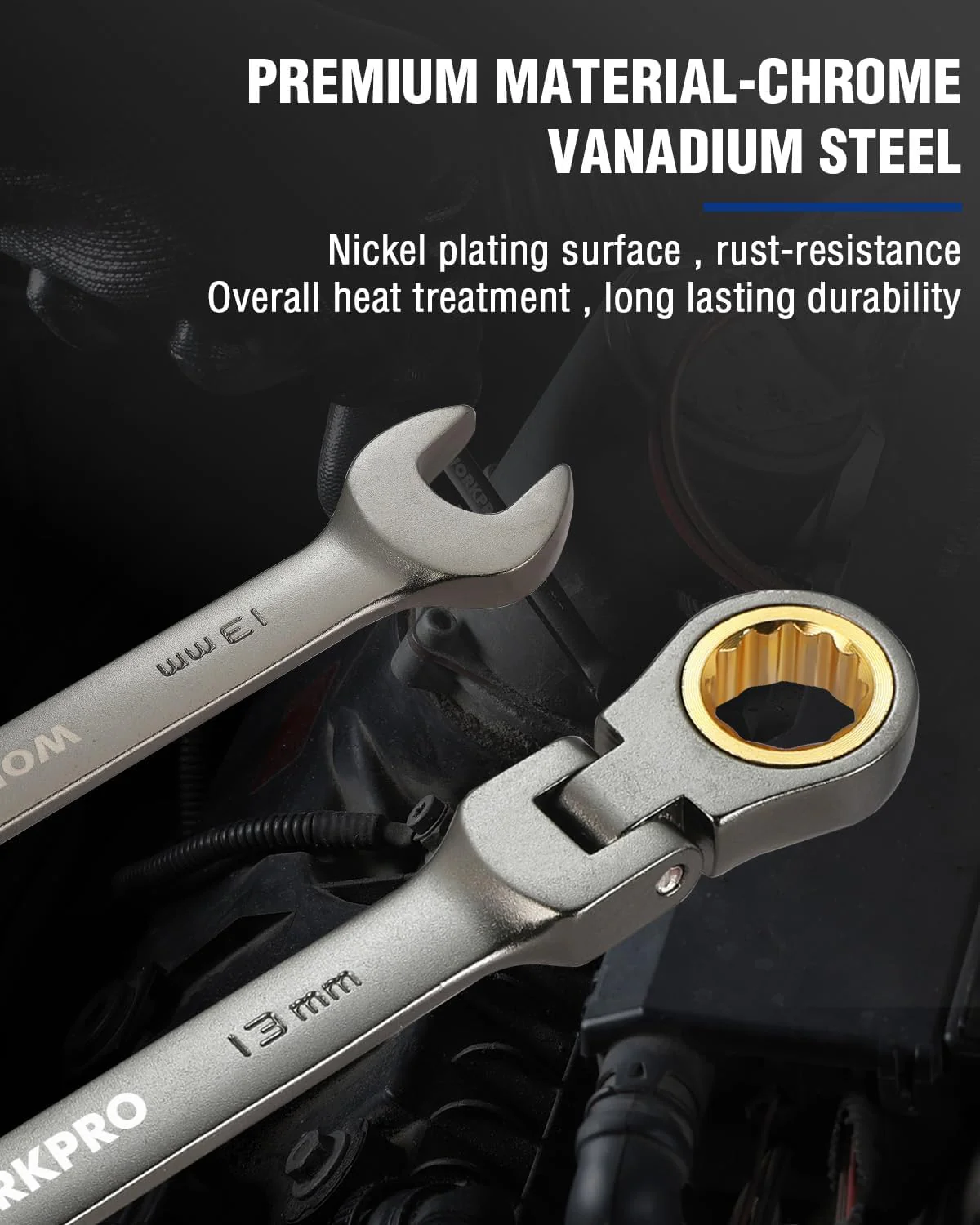WORKPRO 13 mm Flex-Head Ratcheting Combination Wrench, Cr-V Constructed, Nickel Plating, 72-Teeth, 12 Point Design, Metric - Image 3