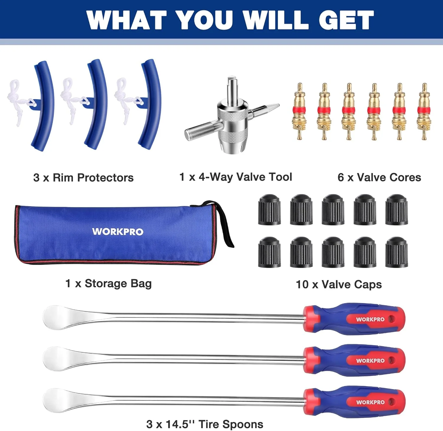 WORKPRO 14.5” Steel Tire Spoons Tool Set, 23-Piece Tire Iron Set with Storage Bag, Tire Removal Tools, Tire Changing Tools, Tire Repair Tools, Tire Levers for Motorcycle, Bicycle, Car and Lawn Mower - Image 3