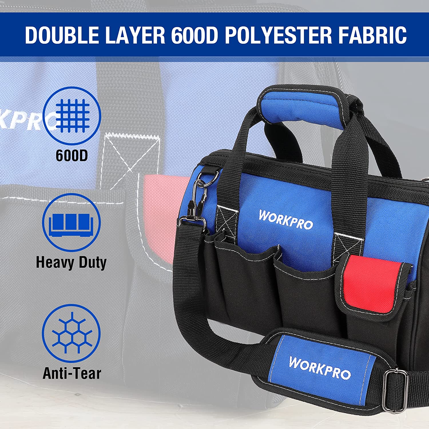 WORKPRO 14-inch Tool Bag, Multi-pocket Tool Organizer with Adjustable Shoulder Strap - Image 3