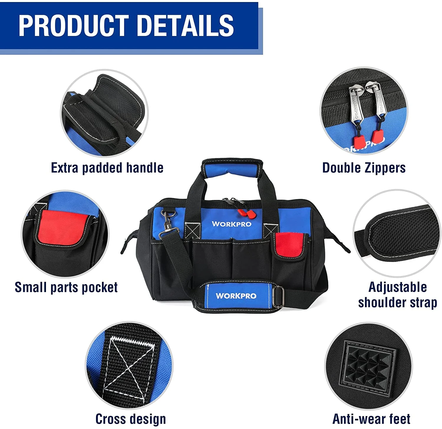 WORKPRO 14-inch Tool Bag, Multi-pocket Tool Organizer with Adjustable Shoulder Strap - Image 7