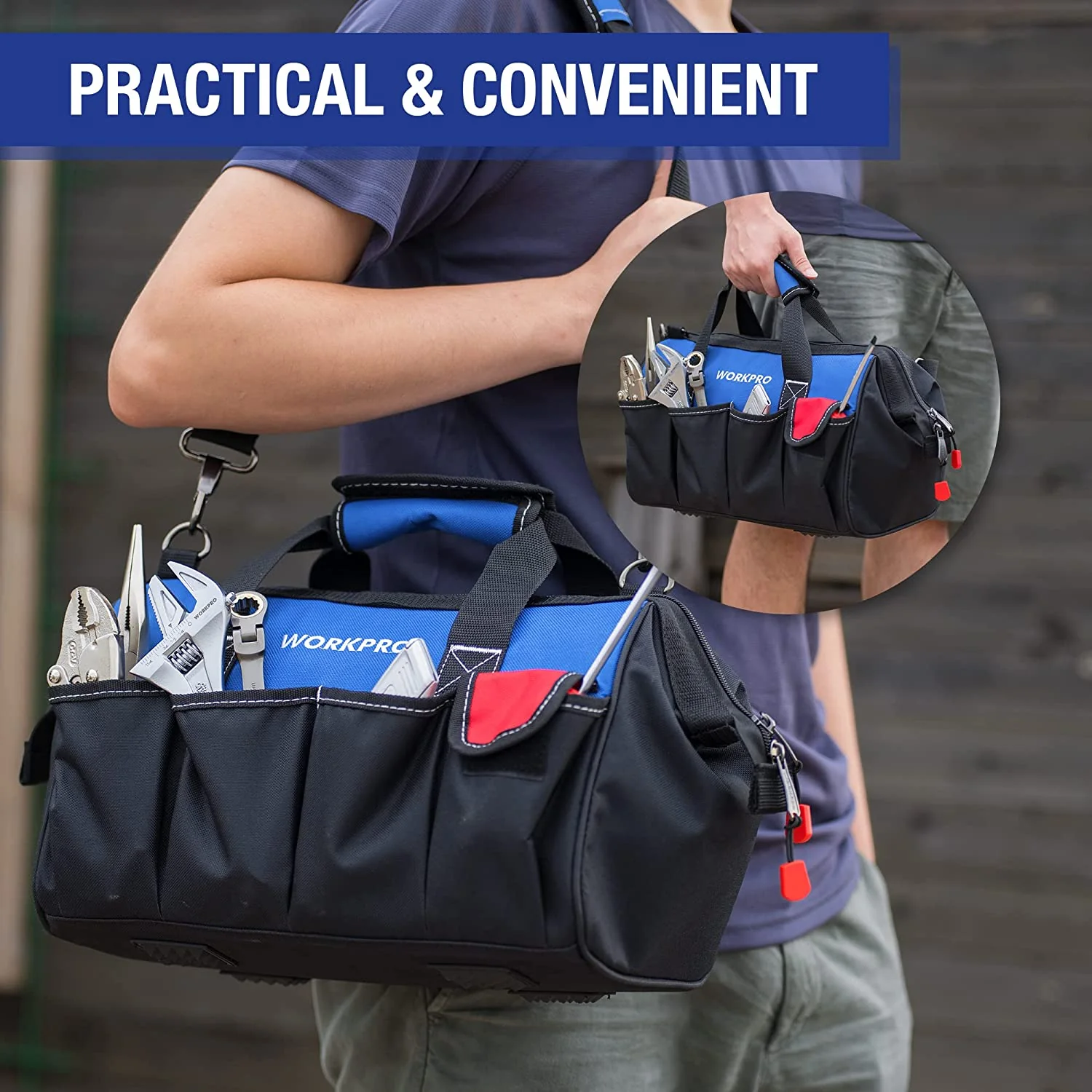 WORKPRO 14-inch Tool Bag, Multi-pocket Tool Organizer with Adjustable Shoulder Strap - Image 8