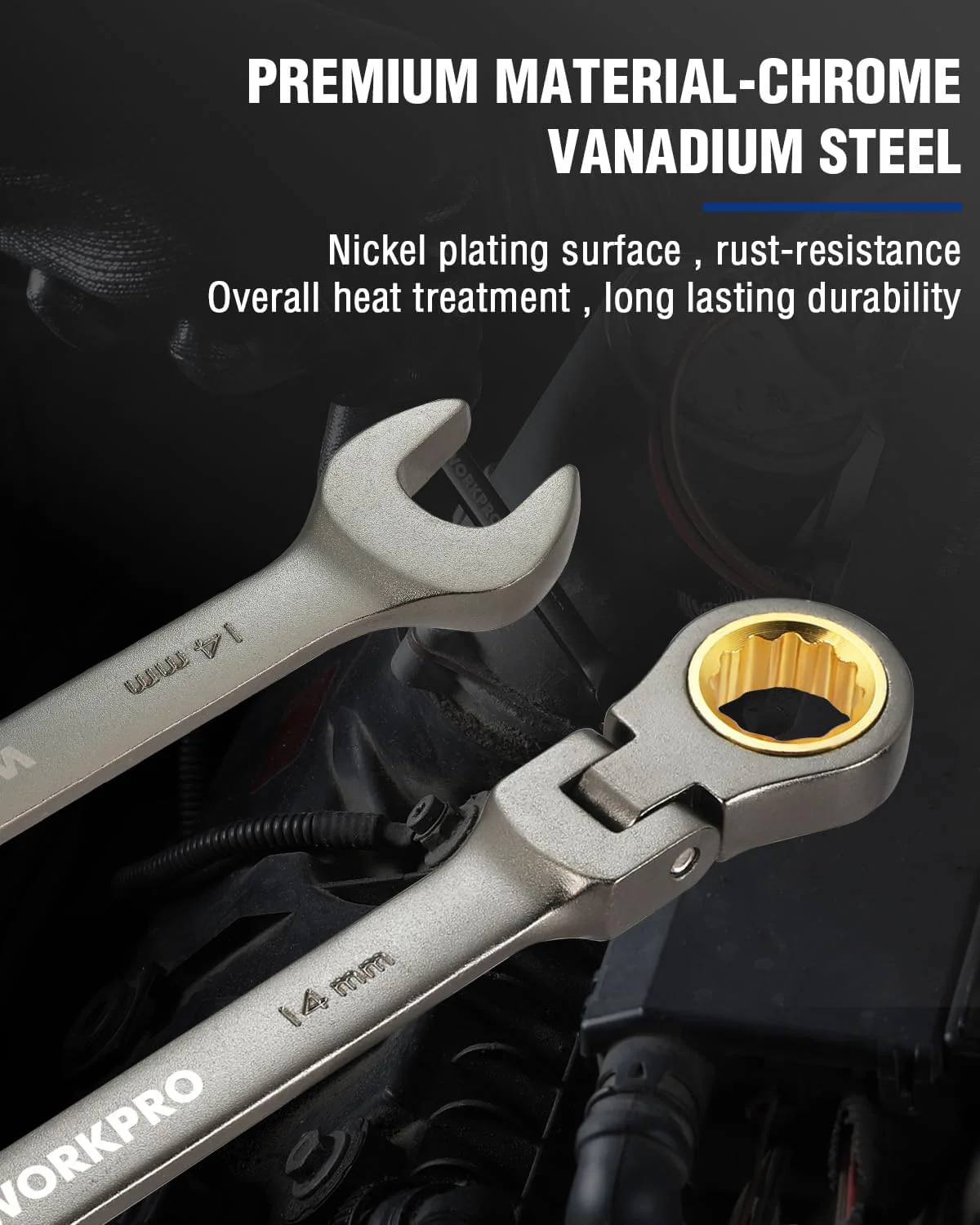 WORKPRO 14 mm Flex-Head Ratcheting Combination Wrench, Cr-V Constructed, Nickel Plating, 72-Teeth, 12 Point Design, Metric - Image 3